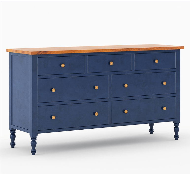 Hand Carved Blue Wooden 7-Drawer Dresser Chest - Vintage Storage for Bedroom, Living Room & Office Organization