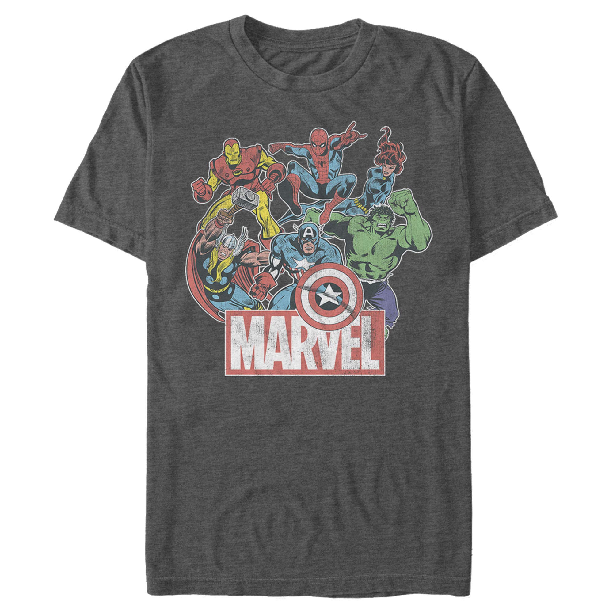 Marvel Superhero Graphic T-Shirt for Men - Classic Hero Collage Design - Charcoal Heather Color - X-Large Size - Perfect for Comic Con, Cosplay & Casual Wear