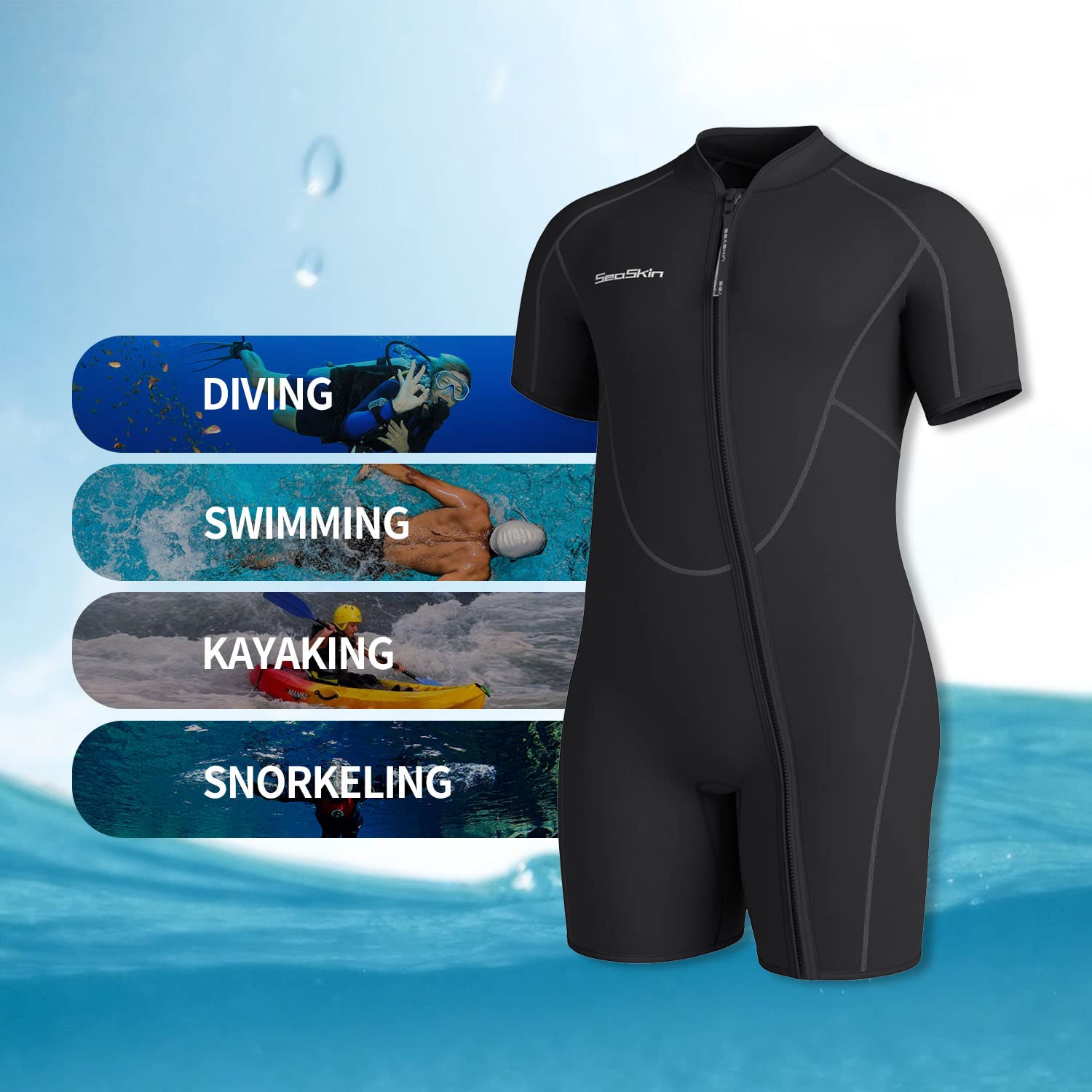 Seaskin 3mm Shorty Wetsuit for Men & Women - Plus Size Neoprene Diving Suit for Snorkeling, Surfing & Water Sports