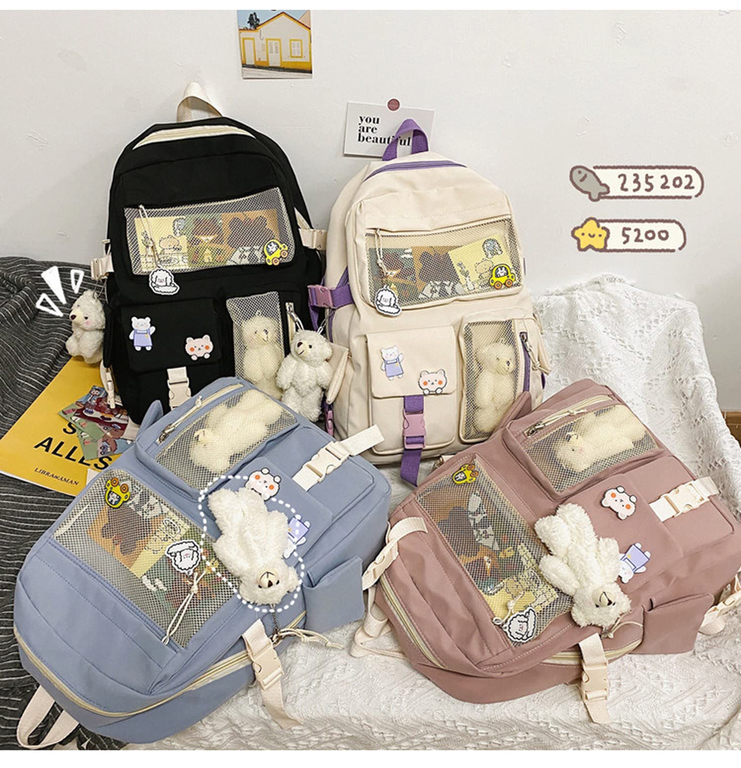 Cute Kawaii Aesthetic Backpack for School Girls with Adorable Pin Accessories - Pink One Size - Perfect for School, Travel & Daily Use