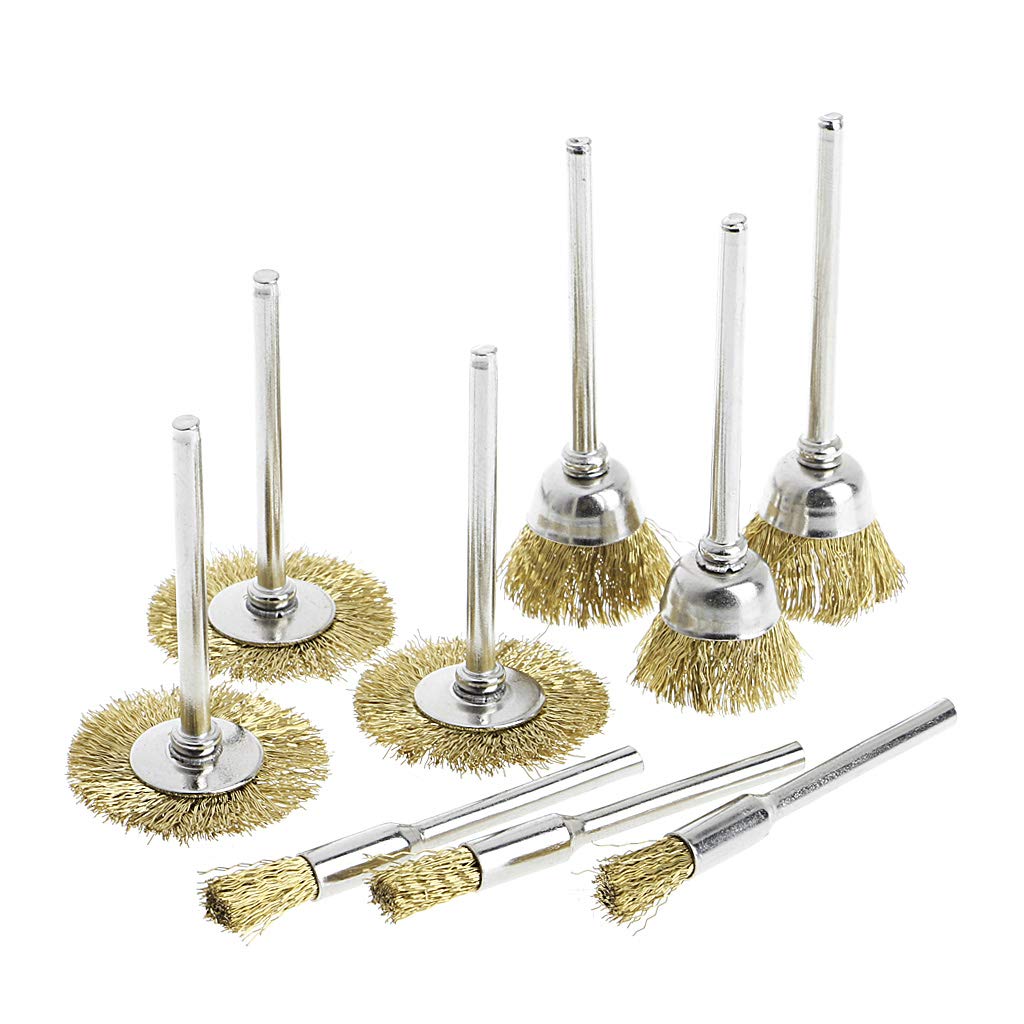 9-Piece Brass Brush Wire Wheel Set for Die Grinder - Rotary Electric Tool Kit for Engraving, Polishing & Metal Cleaning | Perfect for DIY Projects, Automotive Repair & Workshop Use