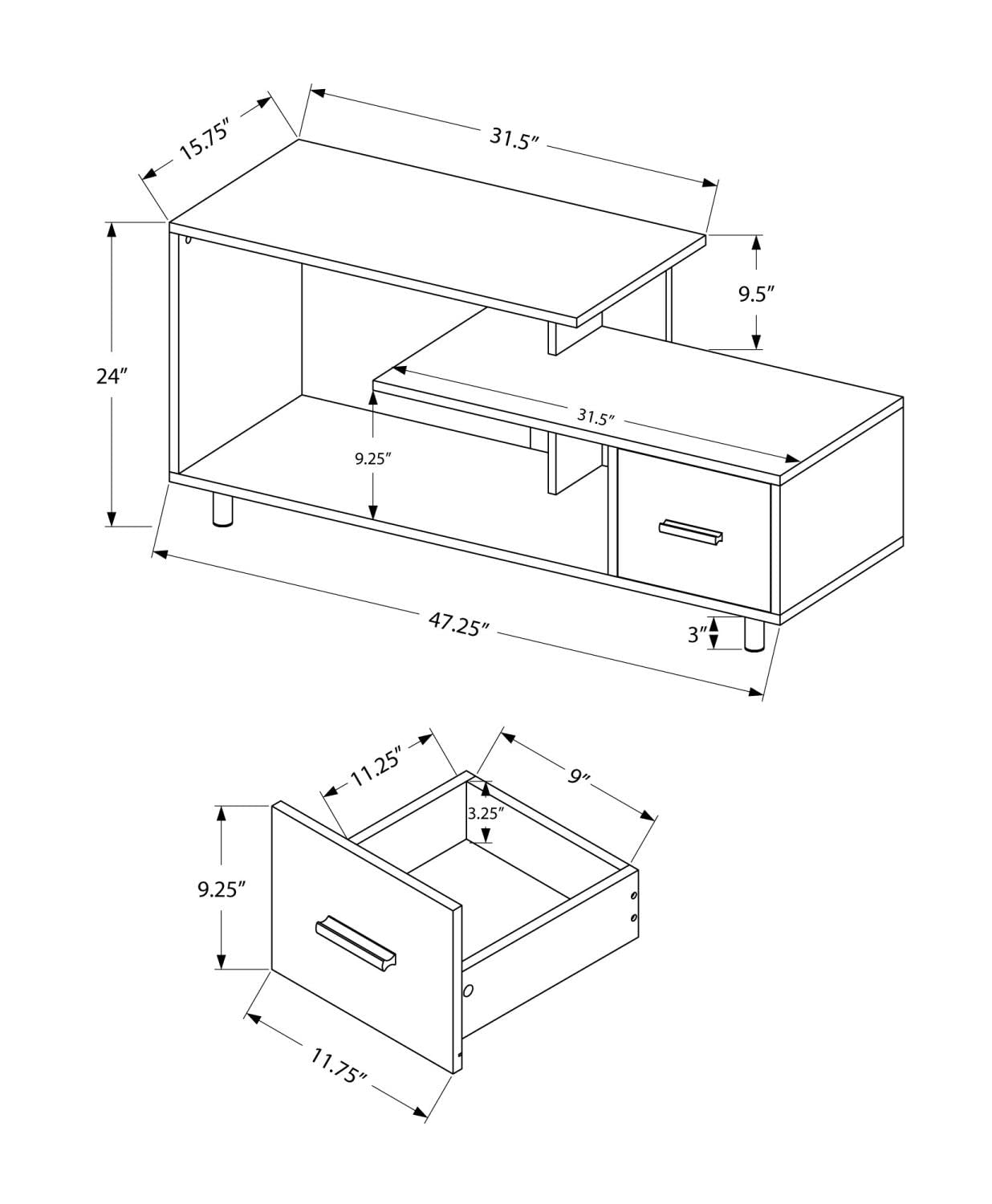 Monarch Specialties 2609 48-Inch TV Stand with Storage Drawer - White Marble Laminate Media Console for Living Room & Bedroom - 47.25