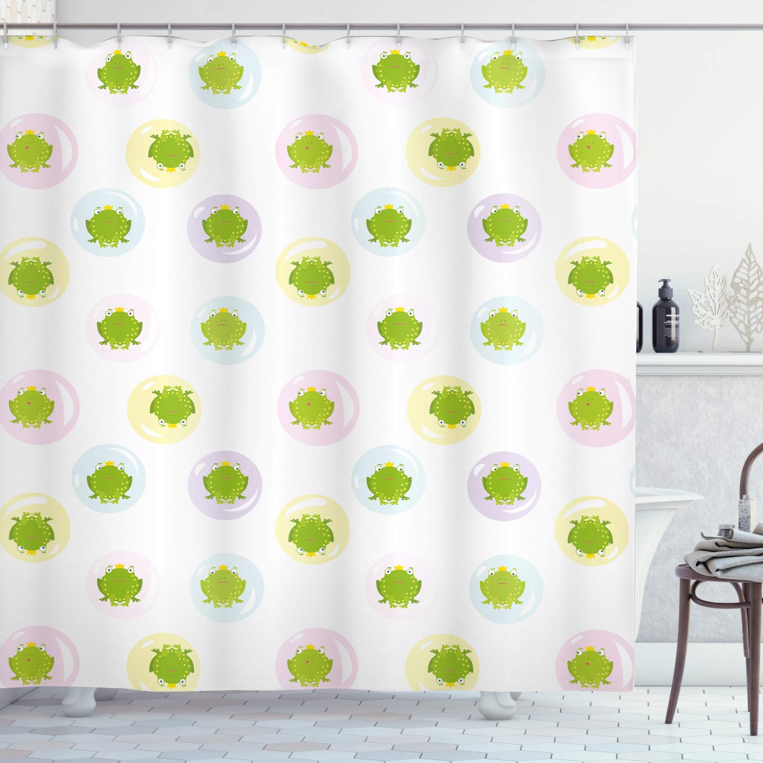 Ambesonne Cartoon Frog Prince Shower Curtain - Pastel Bubble Theme Fairy Tale Bathroom Decor with Hooks, 69x70 Inches, Yellow Green & Pale Yellow - Perfect for Kids' Bathrooms, Nursery Decor, and Whimsical Home Style