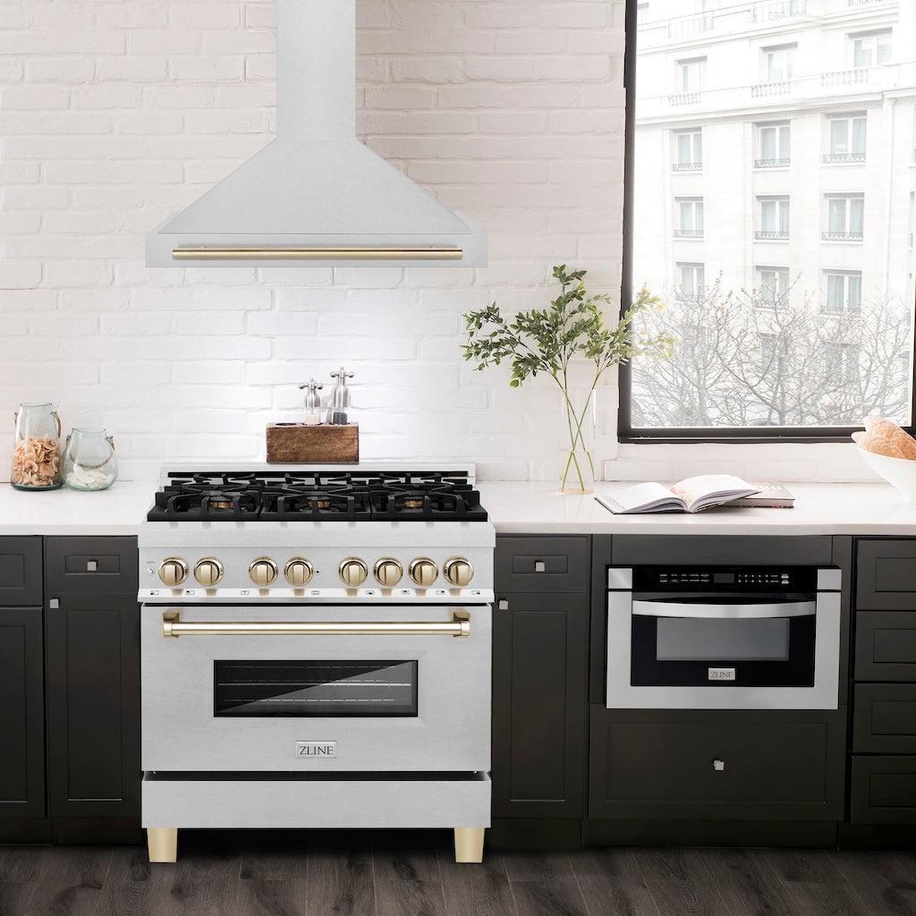 ZLINE KB4SNZ 36 G Autograph Edition 36-Inch Stainless Steel Wall Mount Range Hood with Convertible Satin Finish & Polished Gold Handle - Perfect for Modern Kitchens & Luxury Home Upgrades