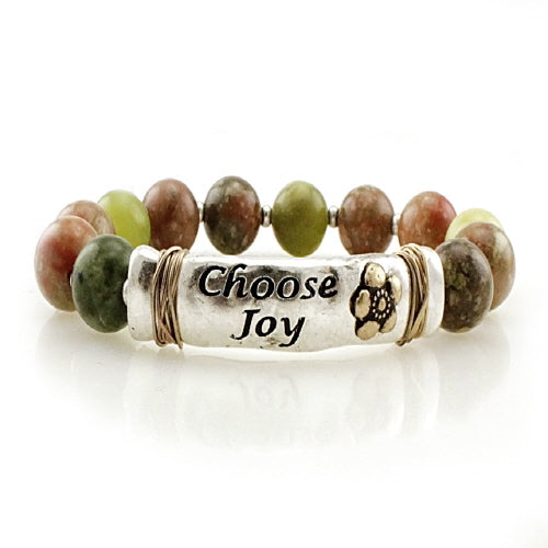 Choose Joy Semi-Precious Stone Beaded Bracelet in Brown - Perfect for Yoga, Meditation & Boho Fashion