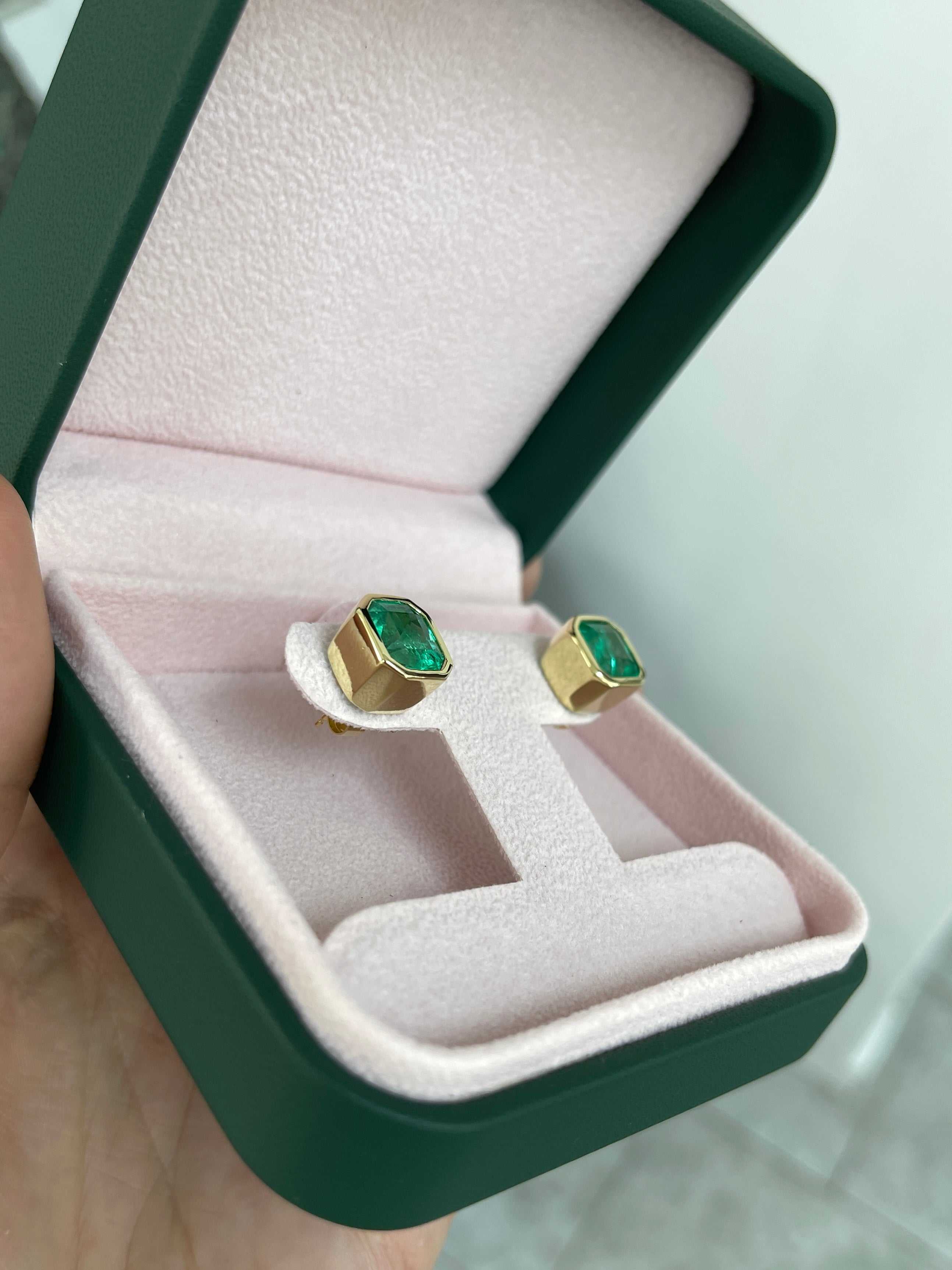 7.70tcw AAA+ Colombian Emerald Bezel Set Earrings - Angelina Jolie Style Luxury Jewelry for Women, Perfect for Weddings, Parties & Special Occasions