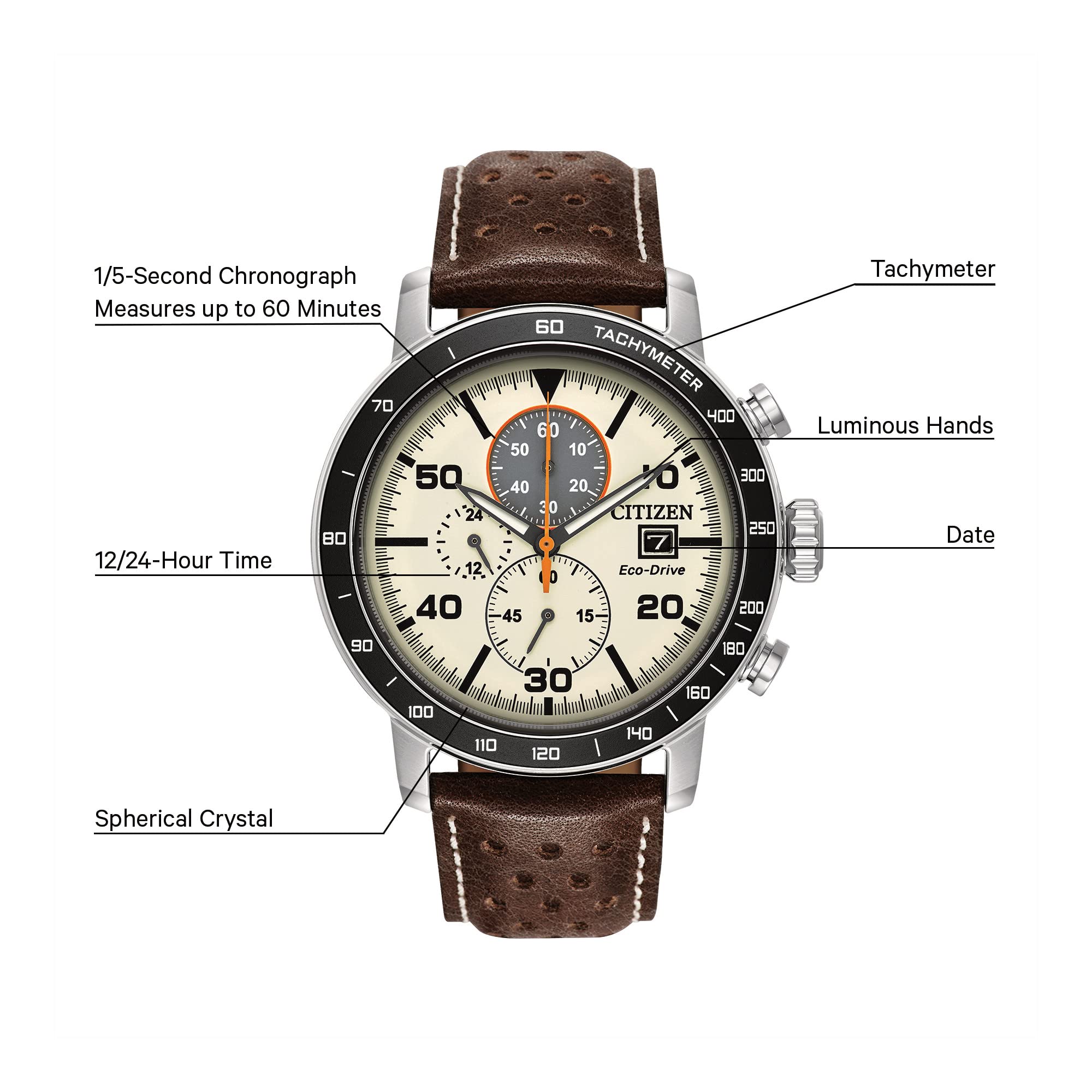 Citizen Men's Eco-Drive Weekender Brycen Chronograph Watch - Stainless Steel Case, Brown Leather Strap, Ivory Dial (Model CA0649-06X) | Solar Powered, Water Resistant | Perfect for Business, Casual & Outdoor Activities