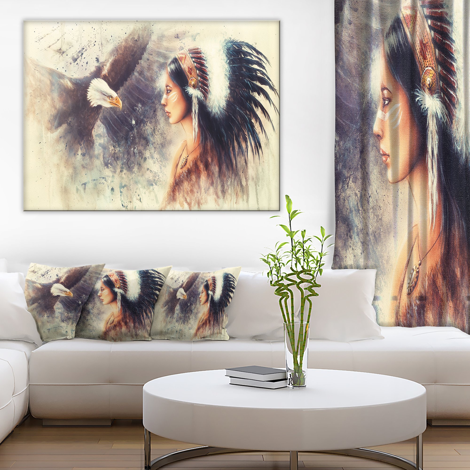 Indian Woman and Eagle Portrait Canvas Art Print - Stunning Wall Decor for Living Room, Bedroom & Office | Handmade Tribal Artwork