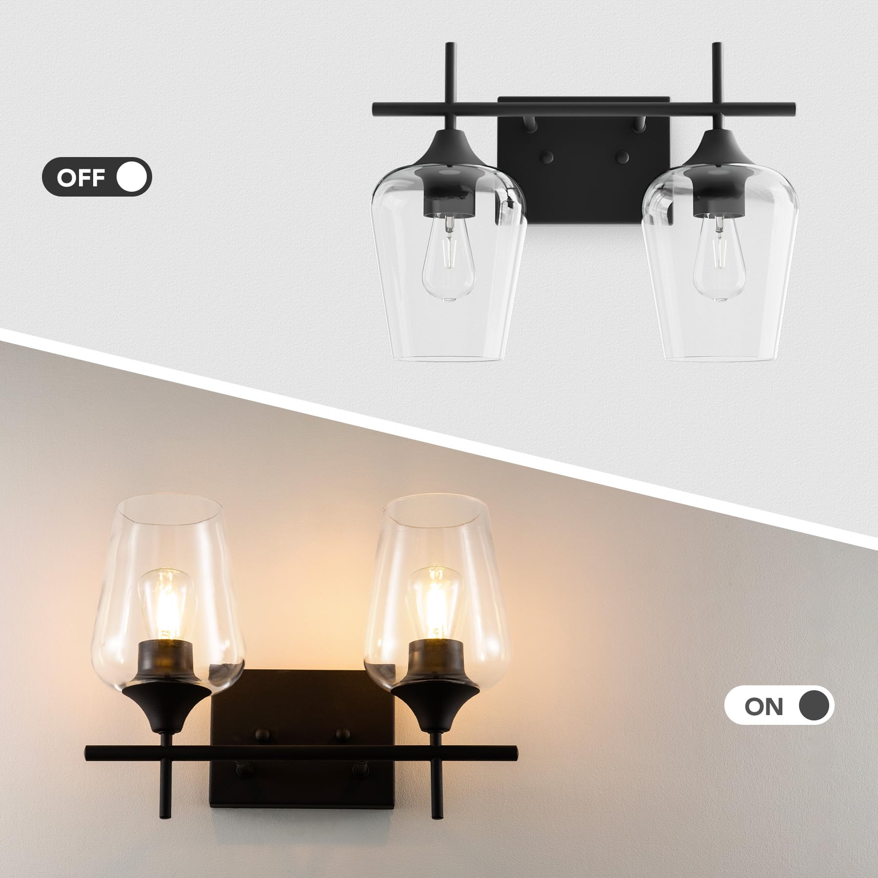 VONLUCE Modern Black Bathroom Vanity Light - 2 Light Fixture with Clear Glass for Mirror Lighting | Wall Sconce for Bathroom, Bedroom & Hallway | Perfect for Makeup Vanity, Dressing Room & Spa-Style Decor