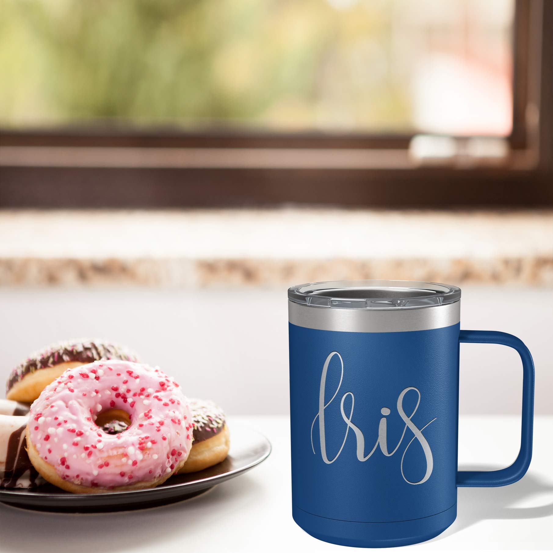 Custom Engraved 15oz Blue Matte Stainless Steel Vacuum Insulated Coffee Mug - Personalized Gift with Handle for Office, Travel & Home Use
