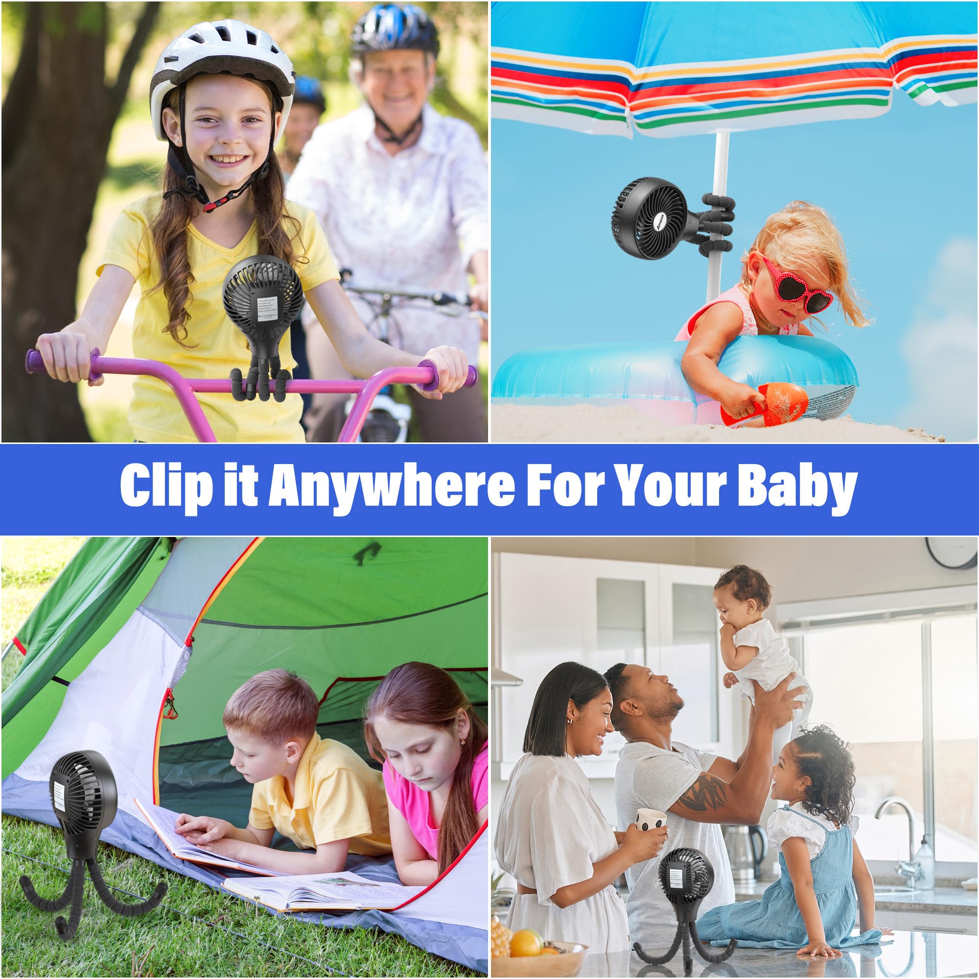 Portable Baby Stroller Fan with Auto Oscillation - 3-Speed Rechargeable Battery Operated Fan, Flexible Tripod & Clip On Design for Car Seat, Crib, Wagon, Bike, Treadmill - Perfect for Camping, Travel & Outdoor Activities
