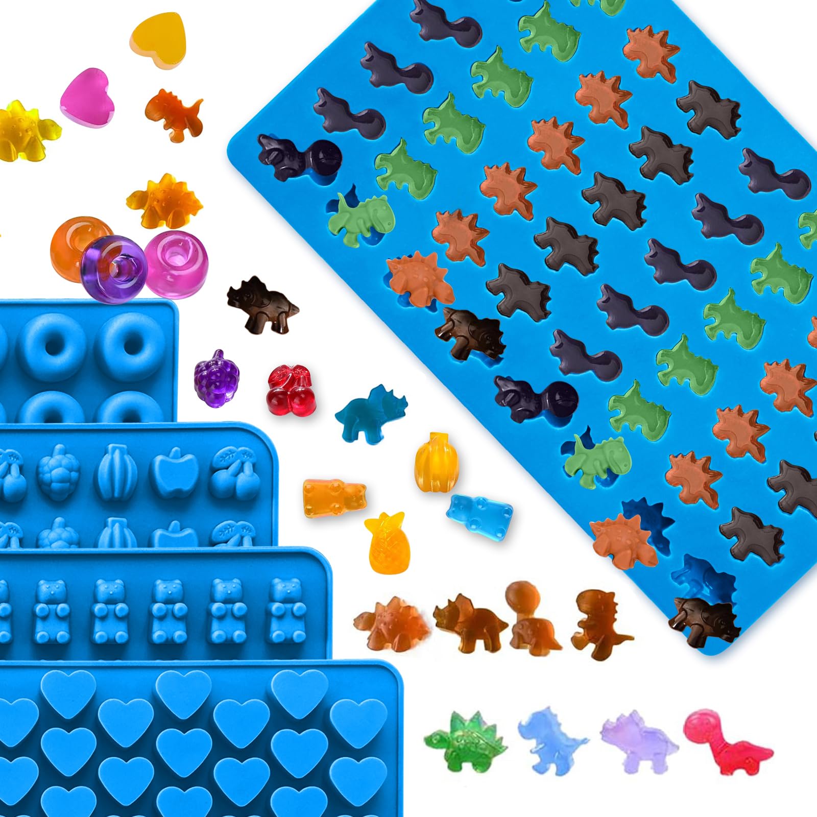 7Pcs Silicone Gummy Candy Molds Set - Bear, Dinosaur, Fruit, Donut & Heart Shapes - Non-Stick Baking Molds with 2 Droppers for Homemade Gummies, Chocolates & Candies - Perfect for Birthday Parties, DIY Treats & Holiday Baking