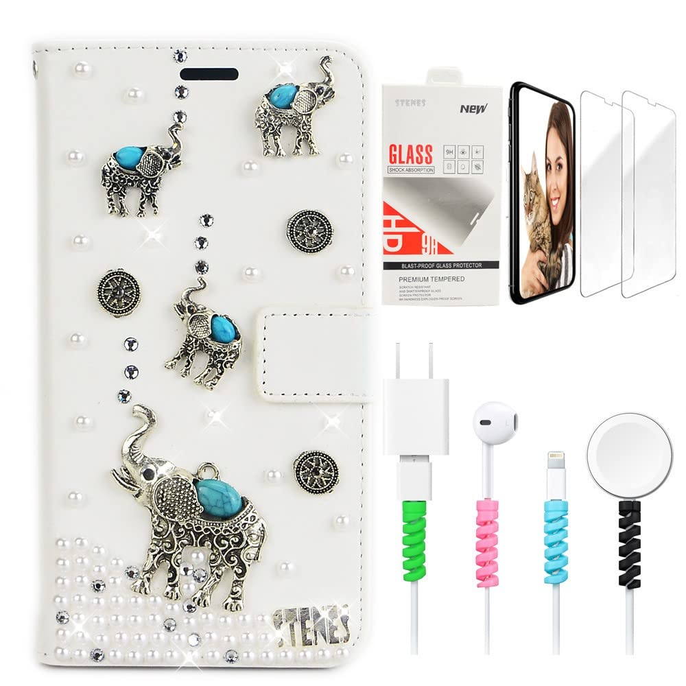 STENES Bling Wallet Phone Case for Samsung Galaxy S20 - 3D Handmade Retro Elephant Glitter Magnetic Leather Cover with Screen Protector & Cable Protector - Stylish & Protective - Perfect for Daily Use, Travel, and Gift Giving - White