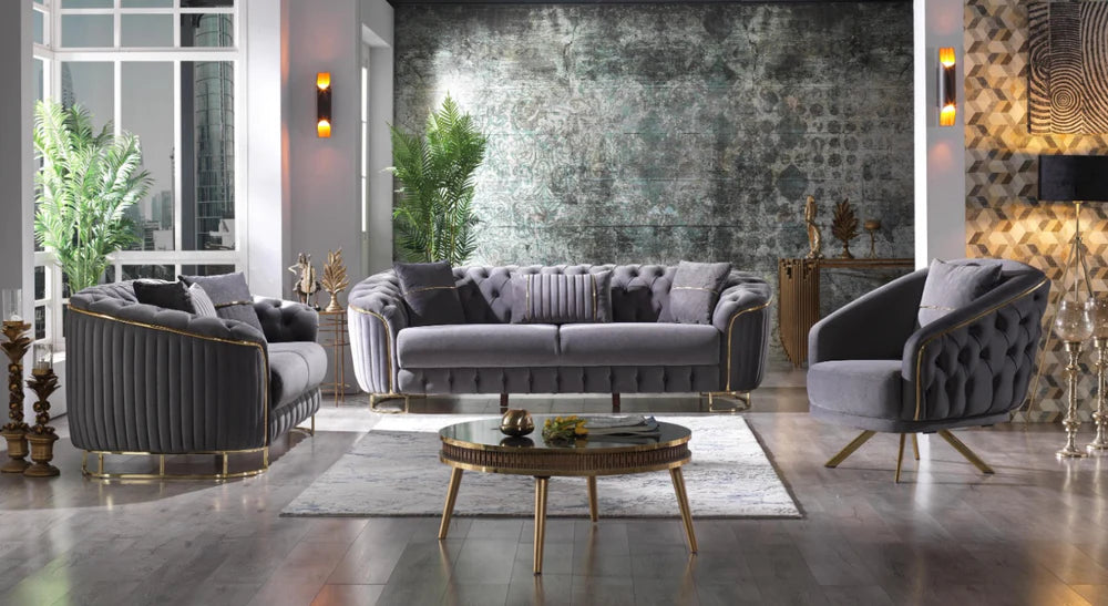 Luxury Grey Velvet Tufted Sofa Set with Gold Metal Legs - Modern Turkish Made Rosa Model for Living Room, Lounge & Home Decor