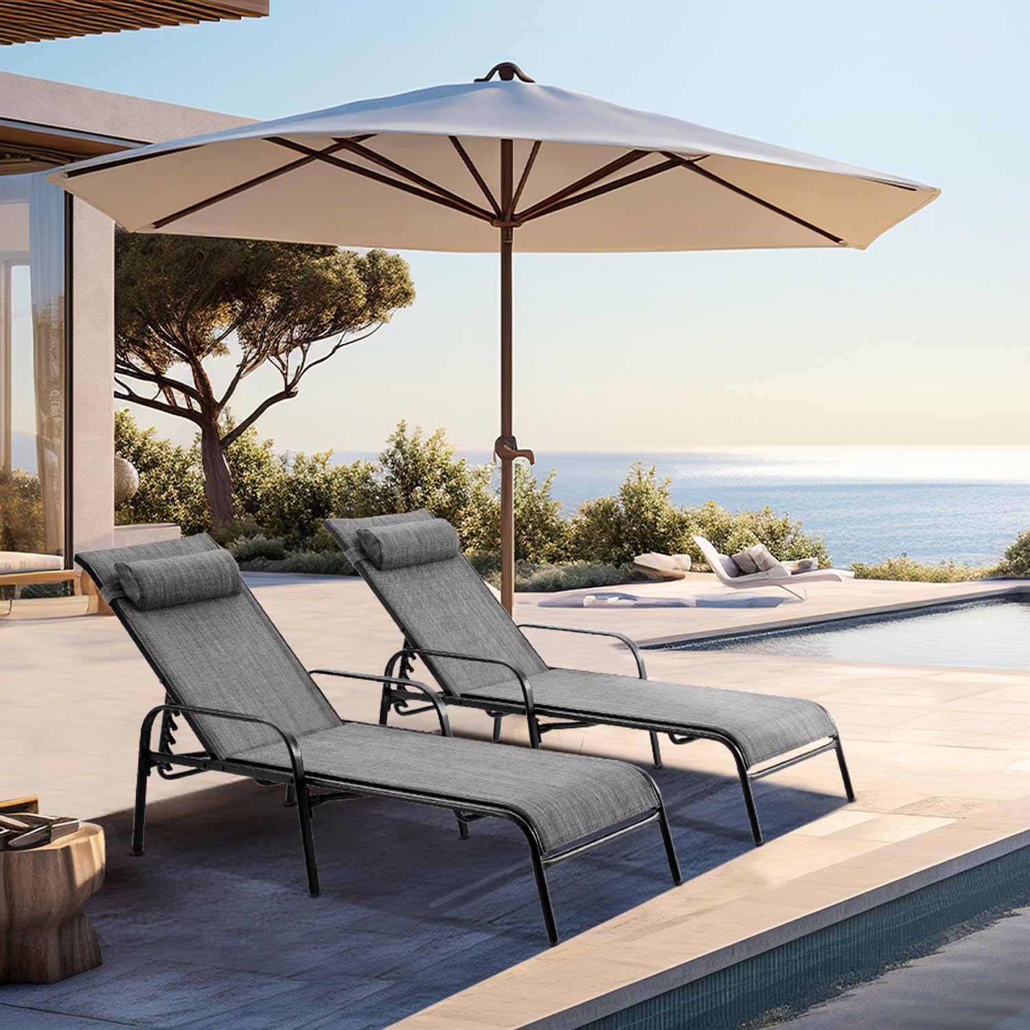 EROMMY Patio Chaise Lounge Set of 2 - Grey Outdoor Lounge Chairs for Poolside, Garden & Backyard Relaxation | Weather-Resistant Patio Furniture