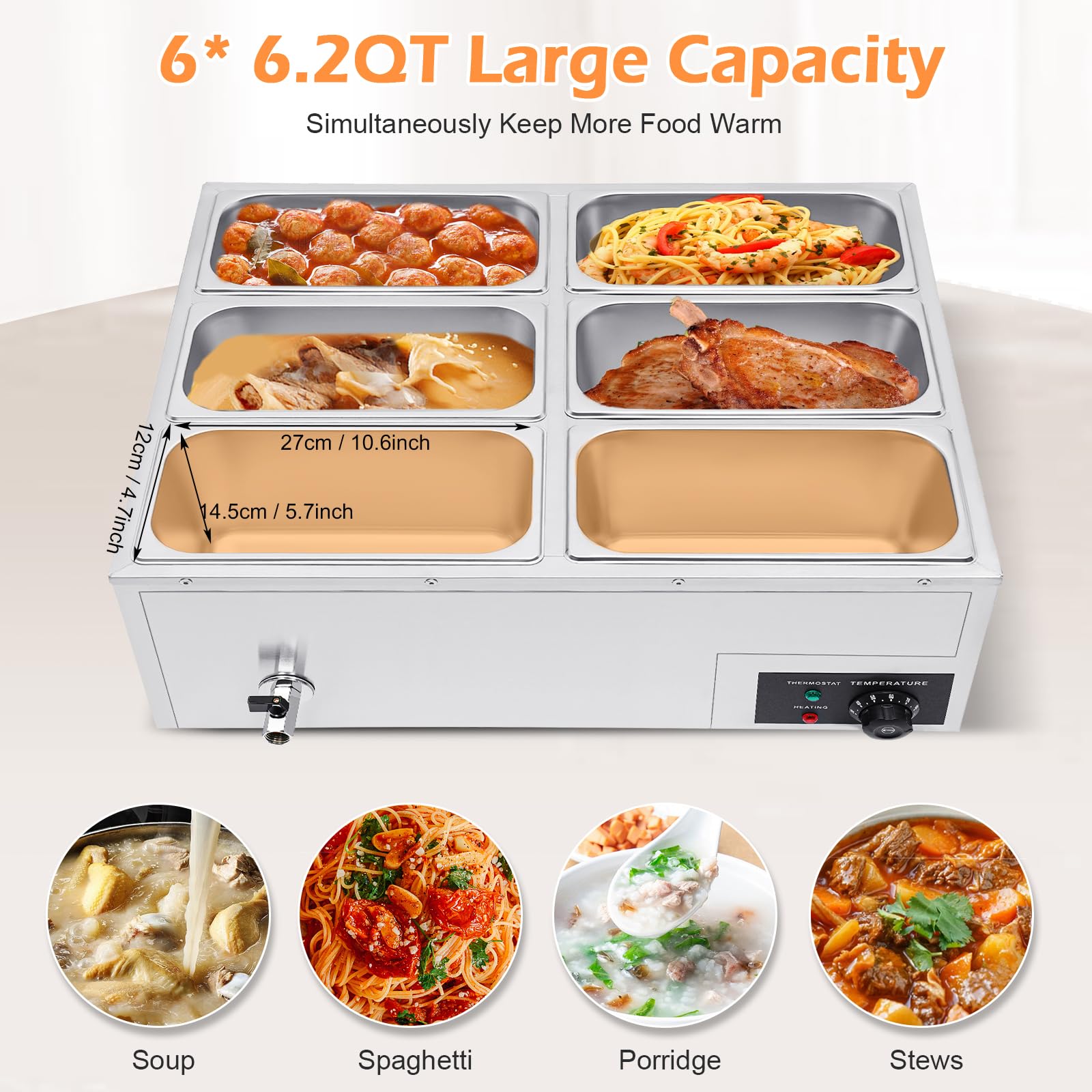 6-Pan Commercial Food Warmer Buffet Server - Stainless Steel Electric Food Warmer Tray with Adjustable Temperature - Perfect for Catering, Buffets, Restaurants and Party Food Serving