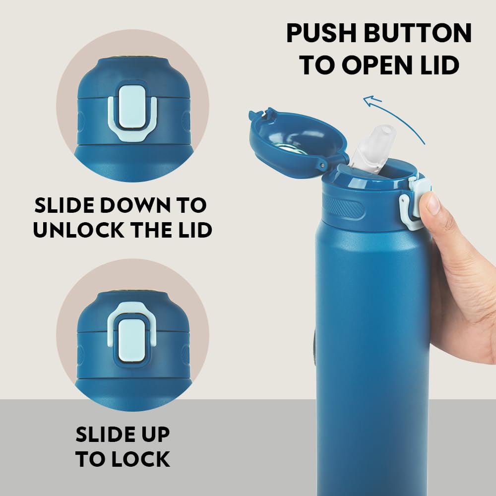 Borosil Aquasport 800ml Stainless Steel Insulated Water Bottle - 10 Hours Hot & Cold Retention, Double Wall Vacuum Insulated Flask for Office, Gym, School, Hiking & Outdoor Activities - 1 Year Warranty (Blue)