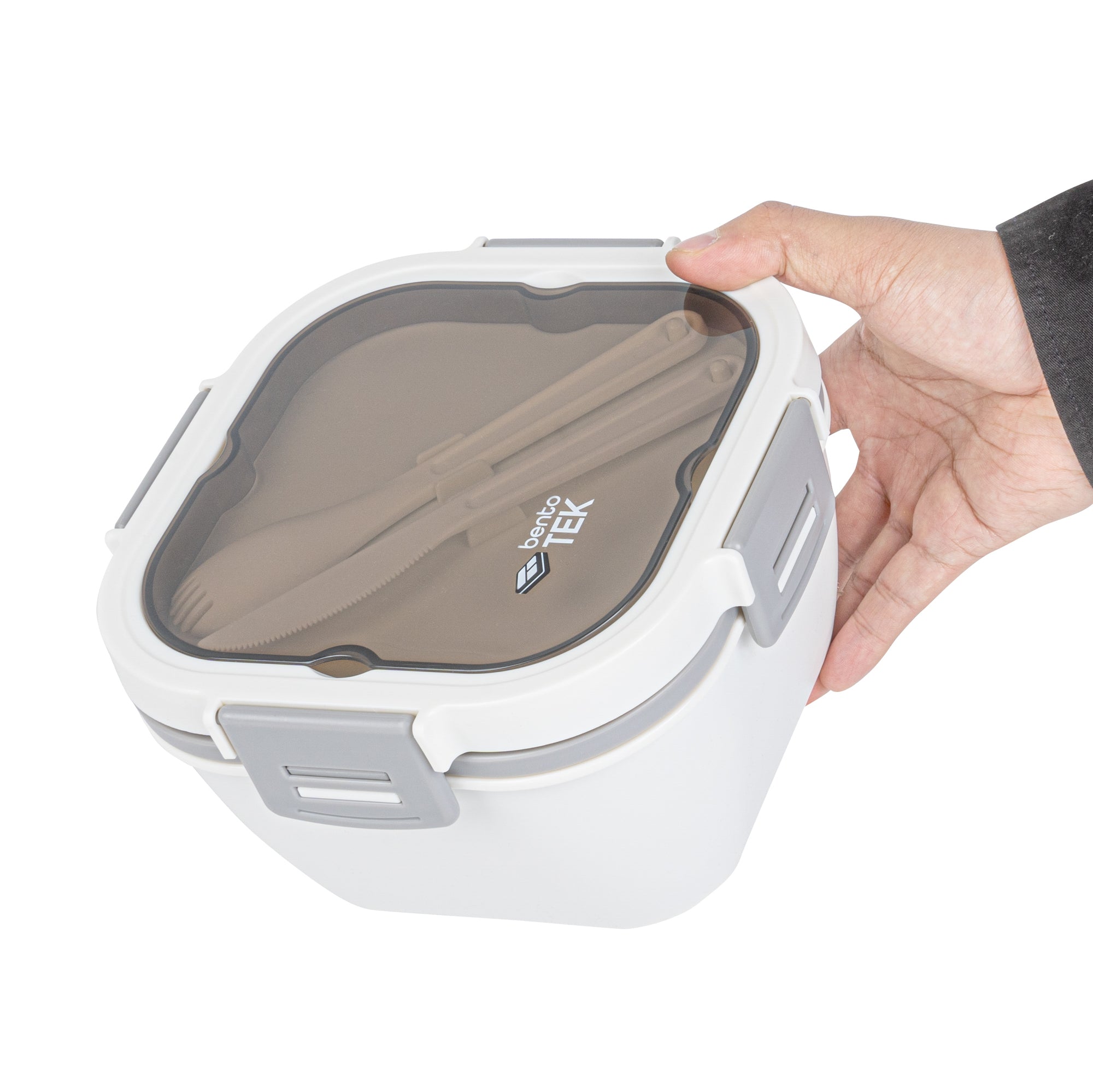 Bento Tek 58 oz White and Gray BPA Free Lunch Box with Fork & Knife - Microwave Safe, 7.25