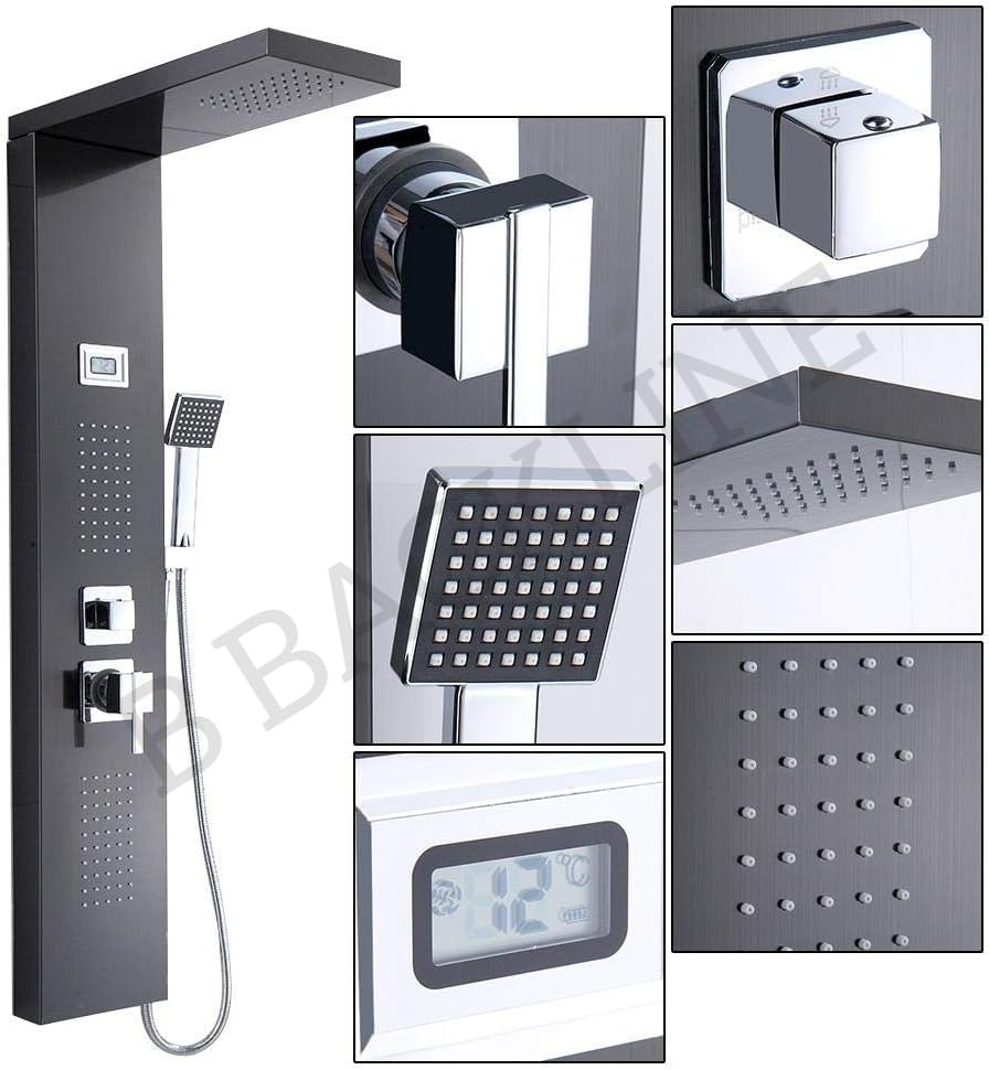 Premium 304 Stainless Steel 6-in-1 Shower Panel System with LED Rainfall, Waterfall, Hand Shower & Body Massage Jets - Black Glossy Finish for Luxurious Bathroom Spa Experience - Perfect for Modern Home Renovation and Relaxing Shower Sessions