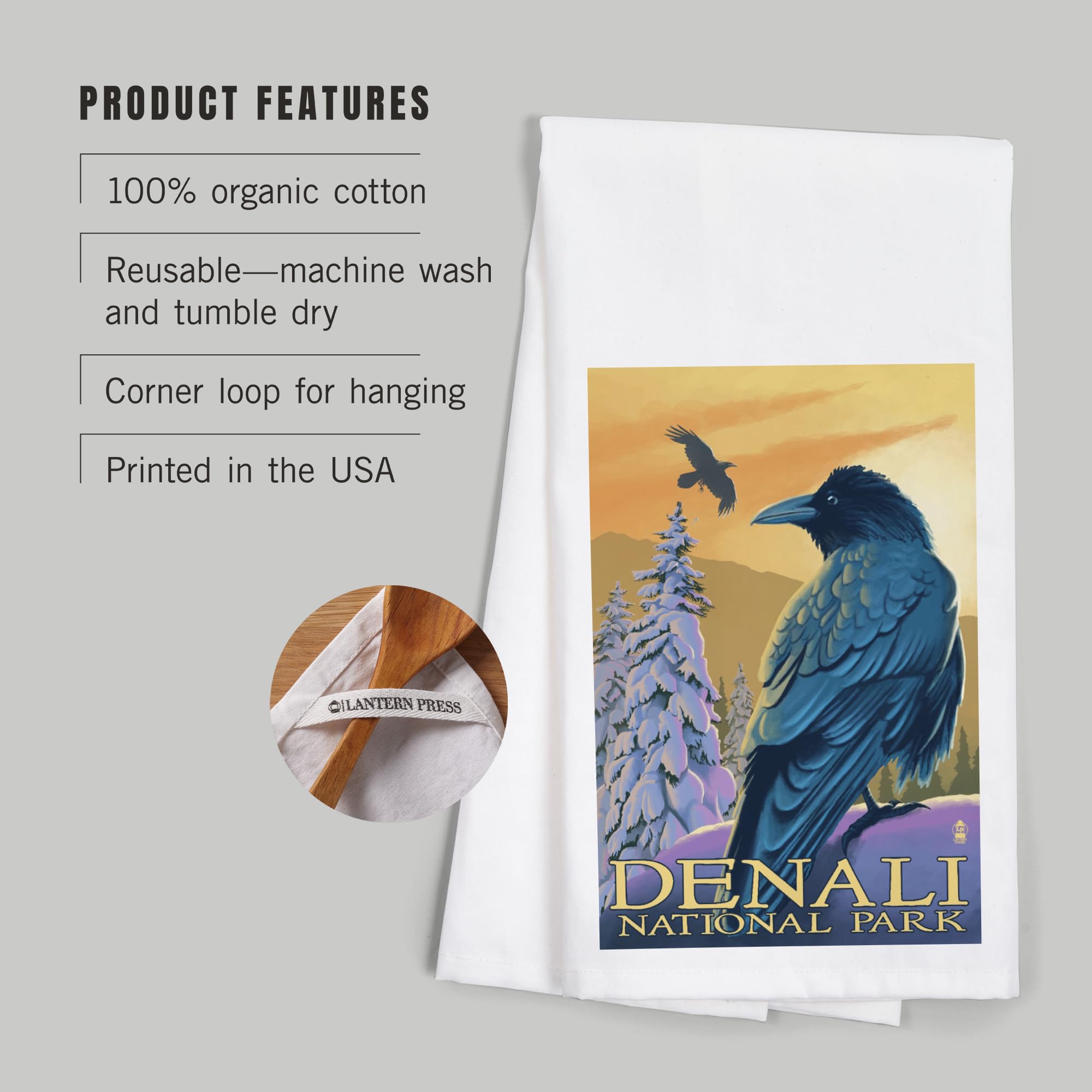 Lantern Press Denali National Park Ravens 100% Cotton Tea Towel - Decorative Hand Towel for Kitchen & Home Decor - Perfect for Dish Drying, Gift Giving & Cabin Decorations