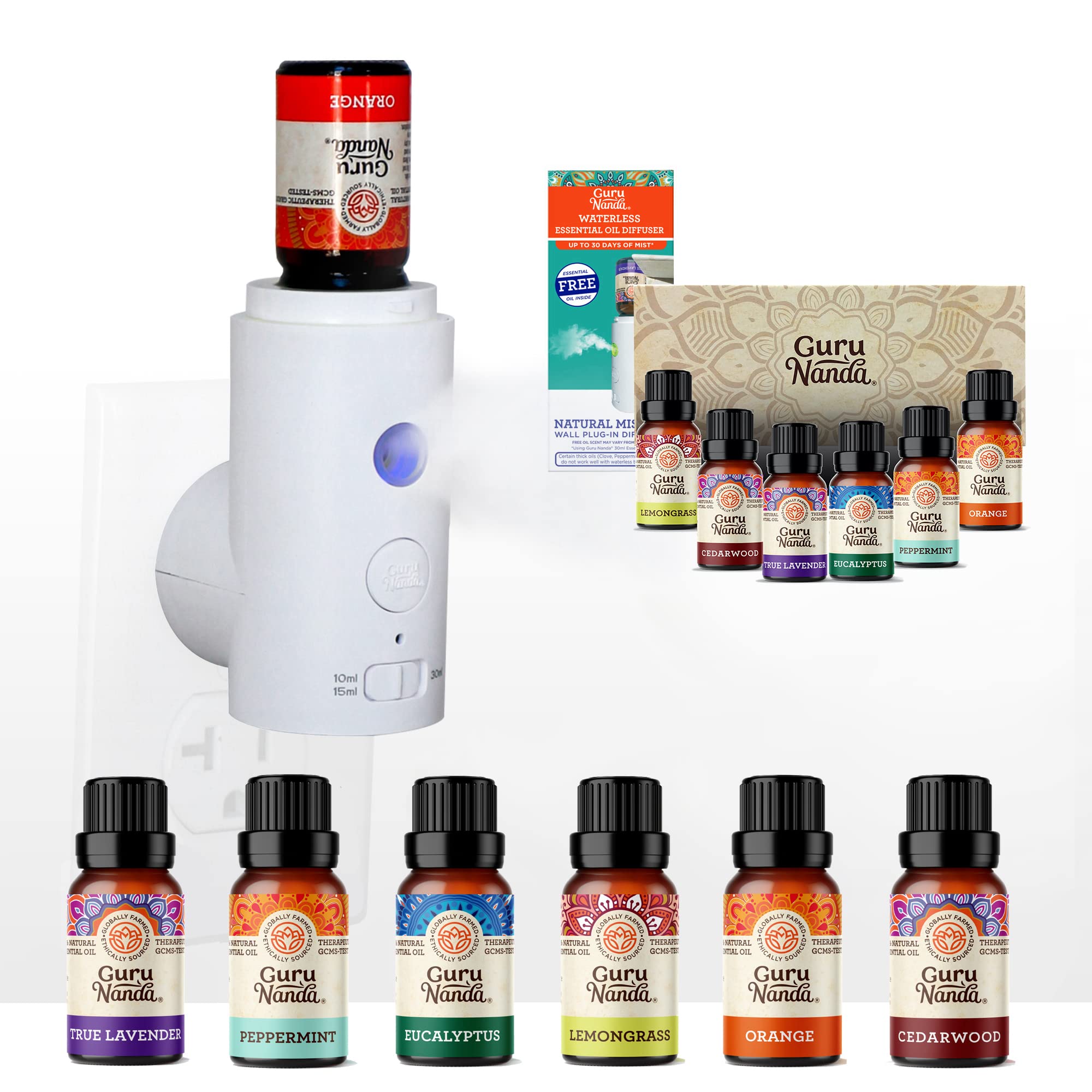 GuruNanda 6-Pack Therapeutic Grade Essential Oils Set - 100% Pure Natural Aromatherapy Oils for Diffusers, Massage & Skin Care | Includes Upgraded Plug-in 2.0 Waterless Essential Oil Diffuser | Perfect for Home Relaxation, Yoga, Spa & Stress Relief