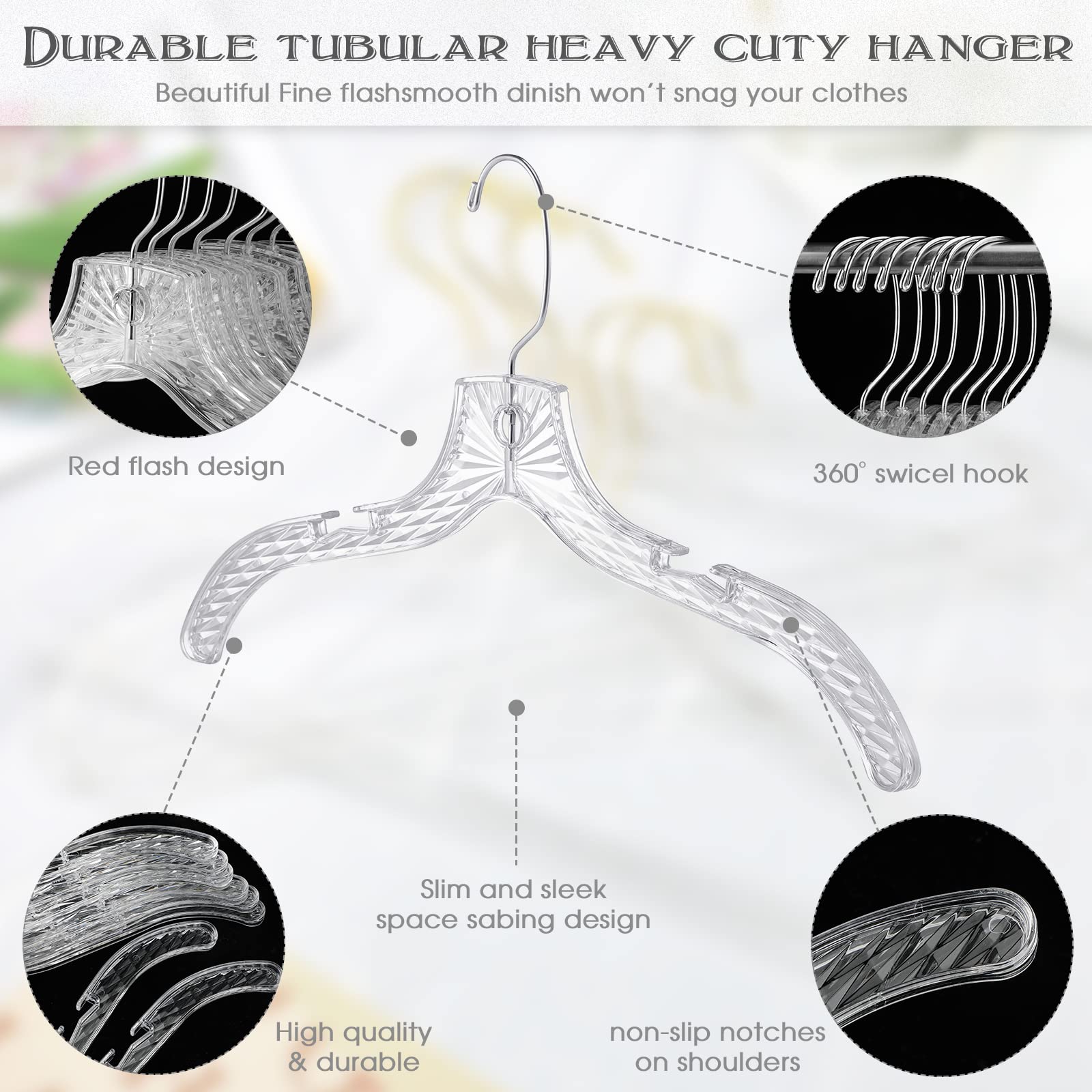 Roowest 40 Pack Clear Plastic Hangers - Thick Acrylic Crystal Cut Non-Slip Closet Hangers for Coats, Dresses, Suits, Shirts & Jackets | Space Saving & Durable | Perfect for Home, Closet Organization & Retail Stores