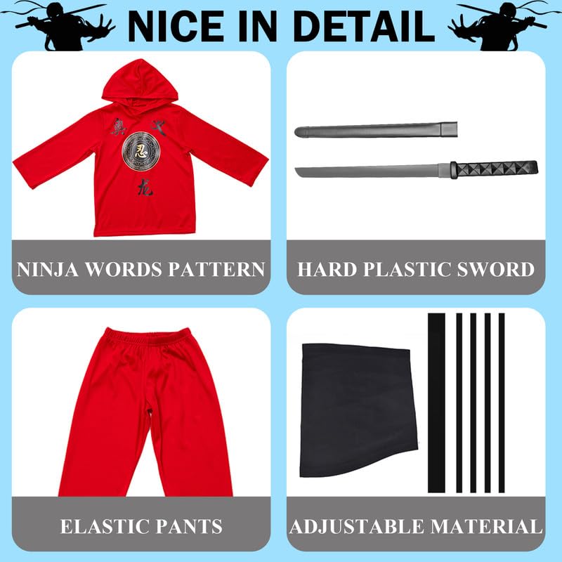 Udekit Red Ninja Costume Set for Kids - Hooded Outfit with Trousers, Ribbons & Toy Sword - Perfect for Halloween, Cosplay Parties & Role Play Adventures