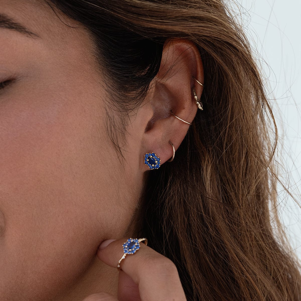 Starry Sakura Blue Sapphire Stud Earrings for Women - 14K Gold Plated Floral Studs - Perfect for Weddings, Parties & Everyday Elegance