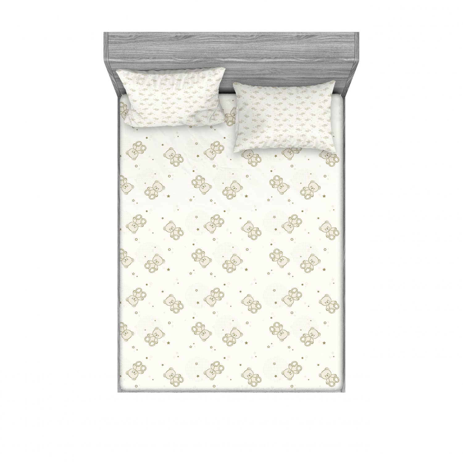 Ambesonne 2-Piece Beige Teddy Bear & Stars Bedding Set - Includes 2 Full Size Fitted Sheets & 4 Pillow Shams | Soft Eggshell Tan Decor for Kids' Rooms, Nursery, or Cozy Bedroom Makeover