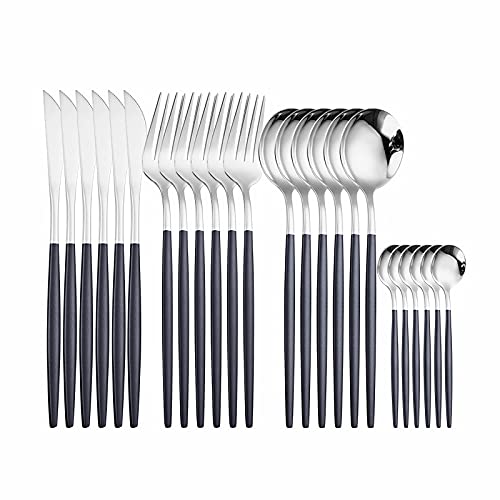 24-Piece Stainless Steel Silverware Flatware Set - Fork, Spoon, Knife Cutlery Dinnerware with Eco-Friendly Storage Box (Black Silver, 6 Sets) | Perfect for Dining, Parties, Restaurants & Gifting