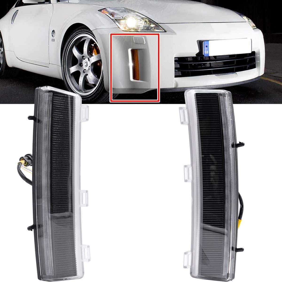 NJSBYL 350z Front Bumper Reflector Replacement - White LED DRL & Amber Turn Signal Kit for 2006-2009 Nissan 350z (LCI Model) - Smoked Lens Z33 DRL Reflectors 26145CF40A - Perfect for Night Driving & Enhanced Vehicle Visibility