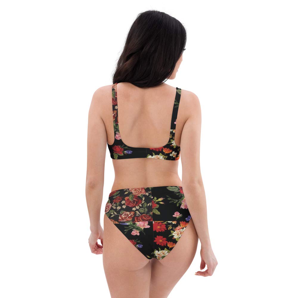 Eco-Friendly High Waisted Bikini Set for Women - Recycled Fabric Swimwear Tops & Bottoms in Coal Black with Botanic Floral Print | Perfect for Beach Vacations, Pool Parties & Summer Getaways