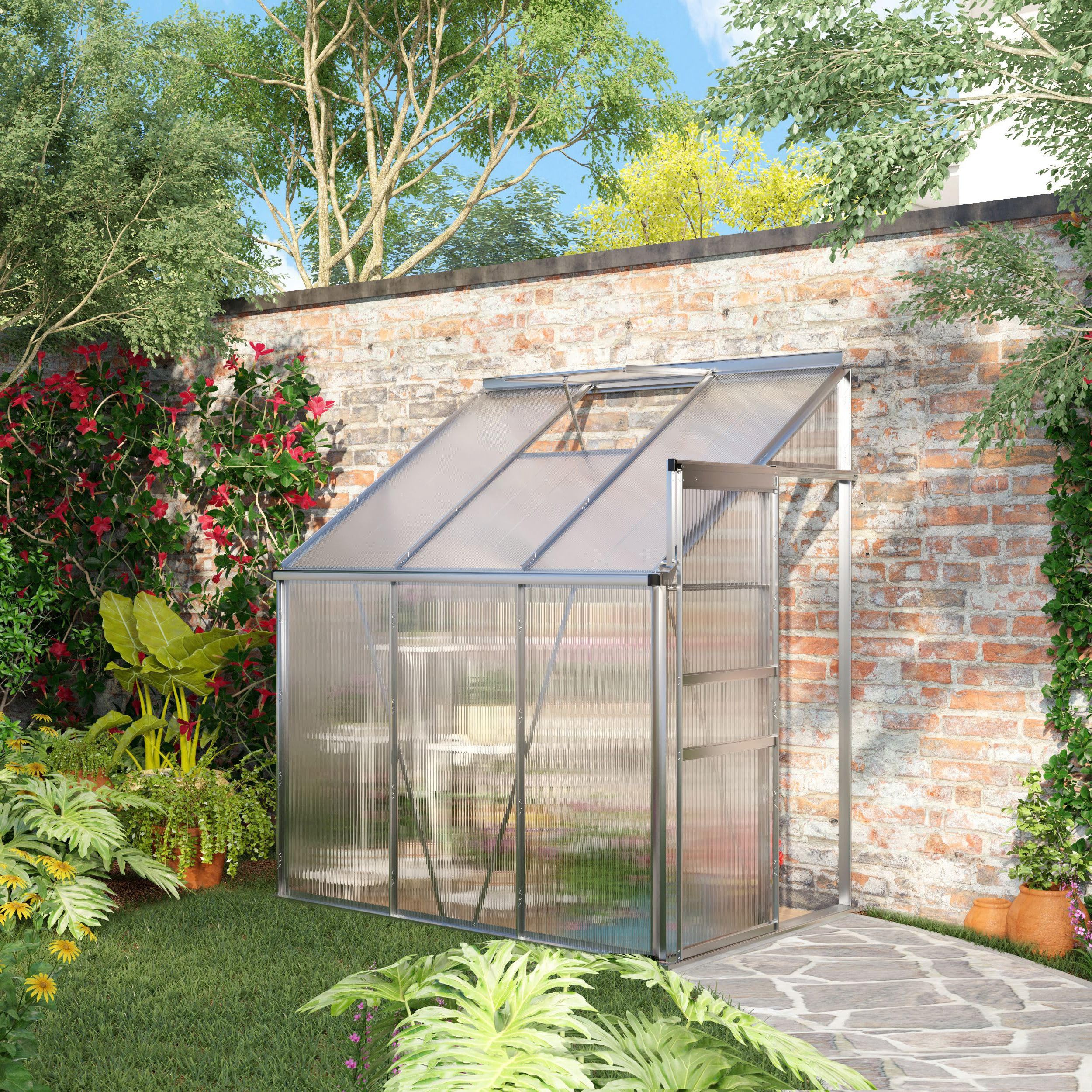 Outsunny 6x4 FT Aluminum Lean-to Polycarbonate Greenhouse with Adjustable Roof Vent, Rain Gutter & Sliding Door - Winter-Ready Walk-in Garden Greenhouse for Plants, Vegetables & Flowers - Perfect for Backyards, Patios & Small Gardens