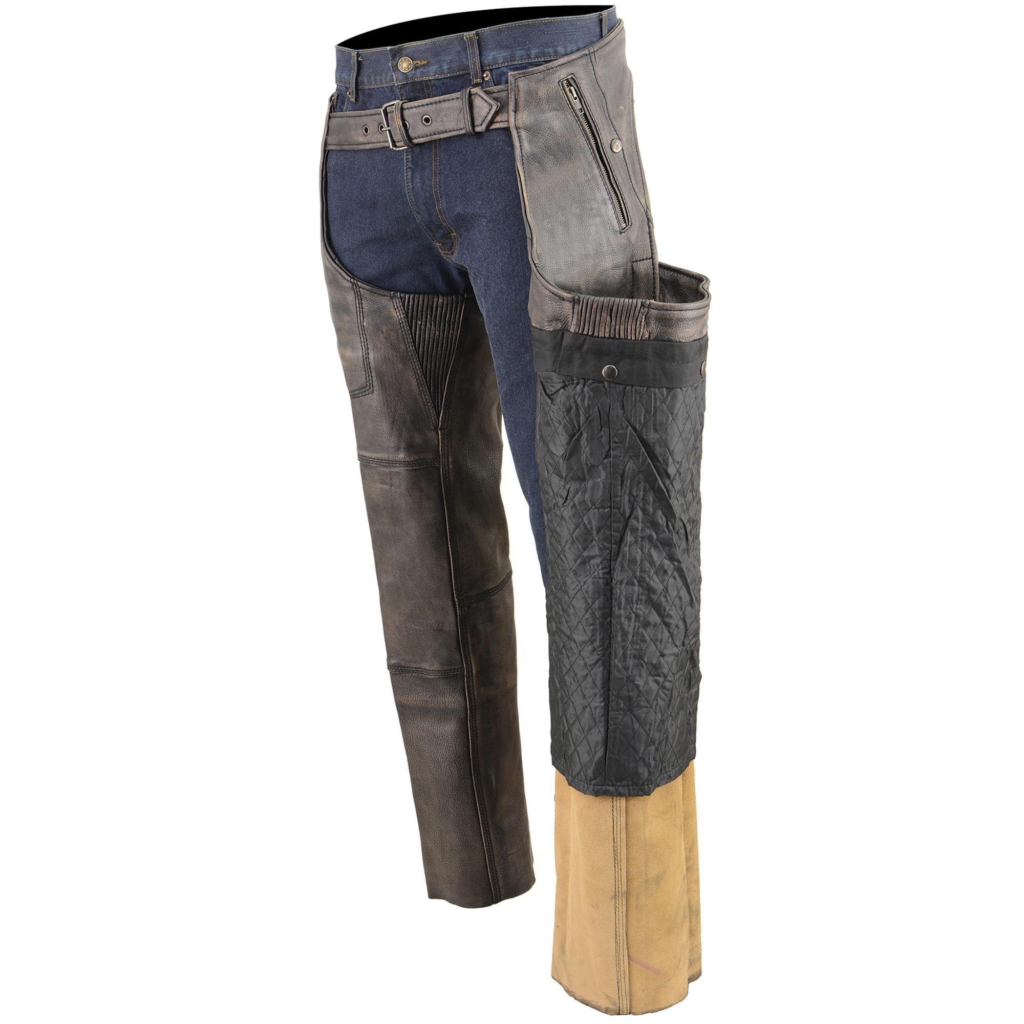 Milwaukee MLM5500 Men's Distressed Brown Leather Motorcycle Chaps - 4 Pockets, Thermal Lined for Winter Riding - Durable Biker Gear for Harley, Cruiser & Adventure Bikes