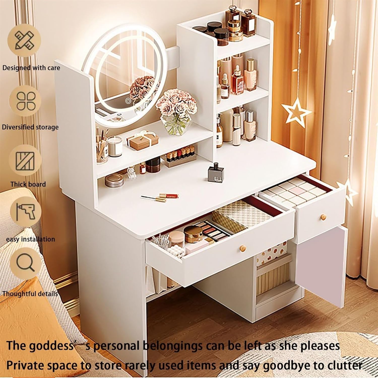 LED Vanity Desk with Mirror & Drawers - 3 Lighting Modes, Makeup & Writing Desk for Bedroom (White)