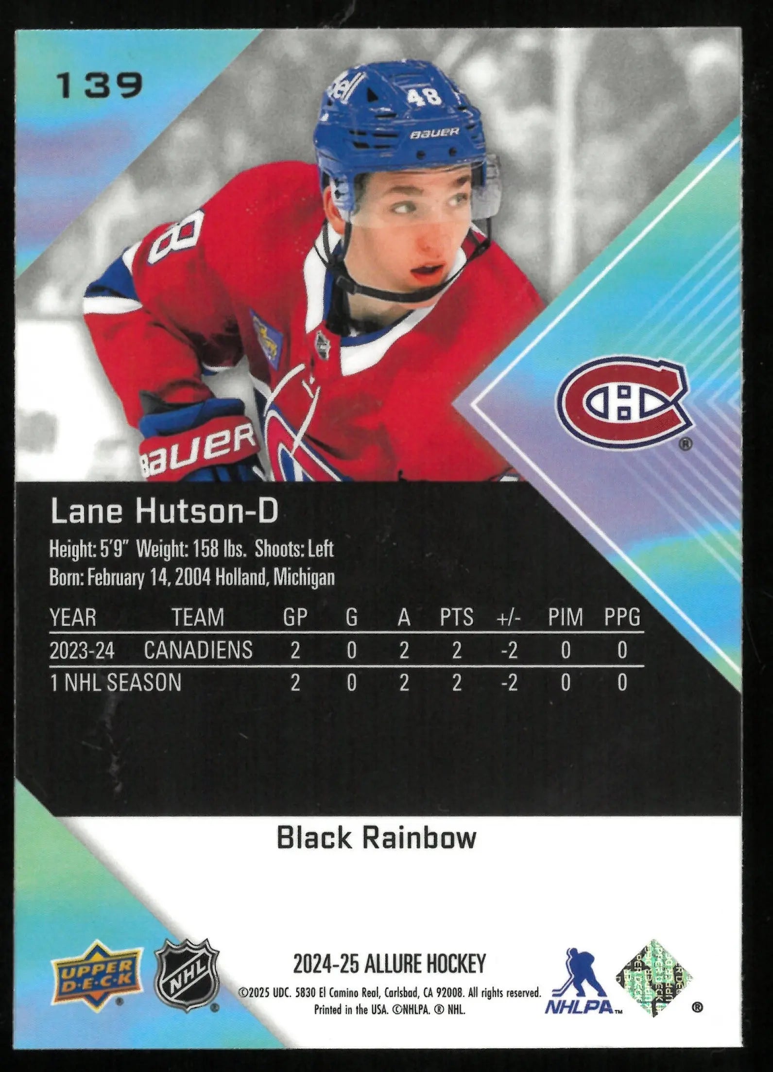 2024-25 Upper Deck Allure Hockey Lane Hutson Rookie Card Black Rainbow - Collectible Sports Trading Card for NHL Fans & Memorabilia Collectors