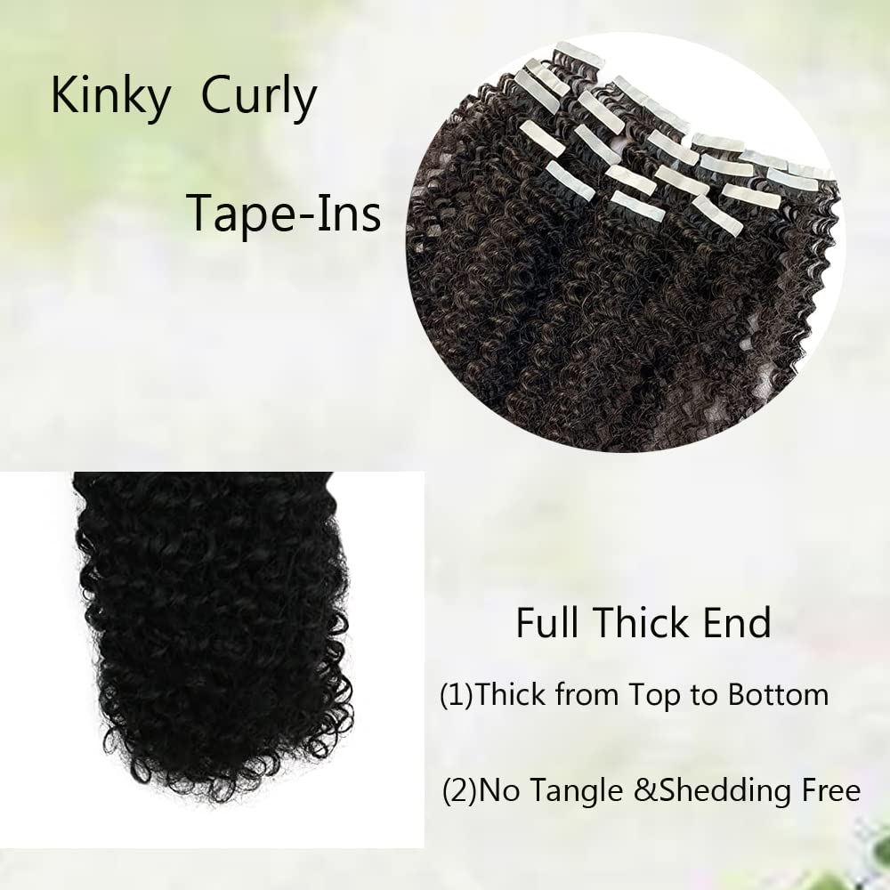Black Kinky Curly Tape-In Hair Extensions 20 Inch 20PCS - 100% Real Human Hair #1B, Double Skin Weft with Thick Ends for Black Women | Perfect for Protective Styling, Weddings & Everyday Glam
