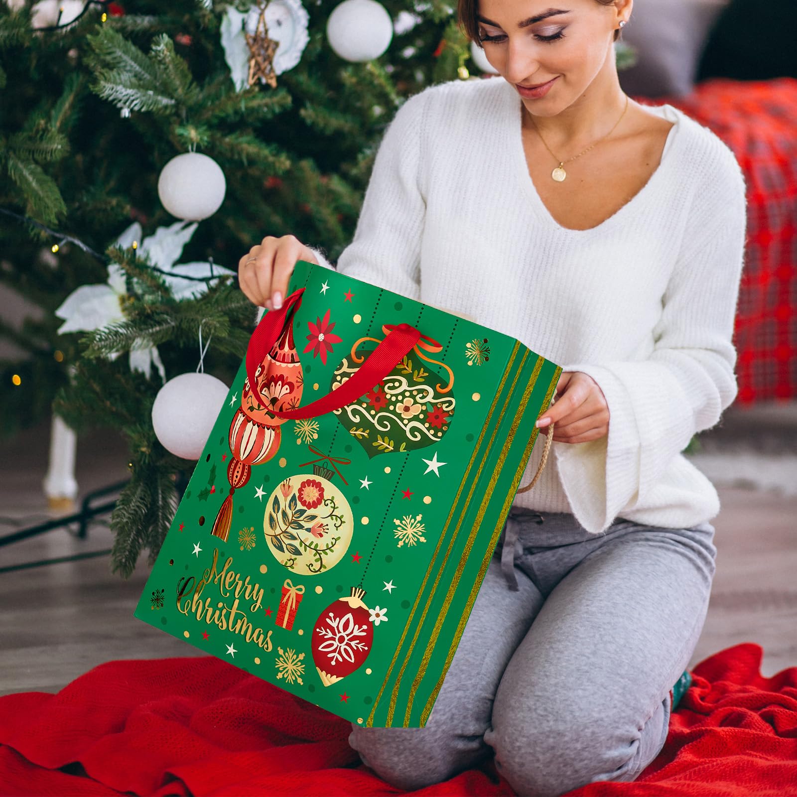 12Pcs Red Green Metallic Gold Christmas Gift Bags Bulk - Large 12.5x10.5 Inch Holiday Gift Wrap Bags with Gilded Xmas Tree, Gingerbread & Reindeer Designs - Foiled Mistletoe Favor Bags for Christmas, New Year, Office Parties & Holiday Gift Exchanges