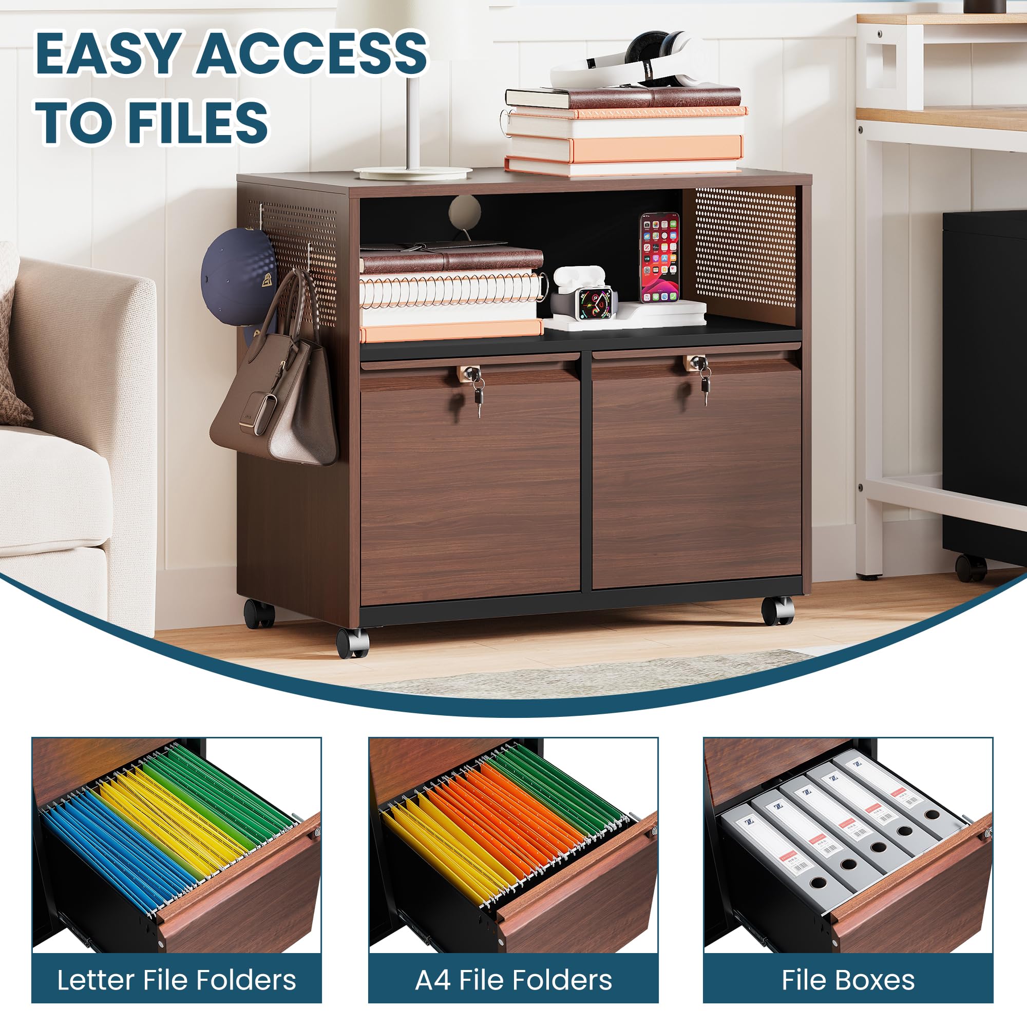MIIIKO 2-Drawer Rolling File Cabinet with Storage Shelf - Metal Home Office Organizer for Printer, Letter & A4 Files | Perfect for Office Organization & Document Storage