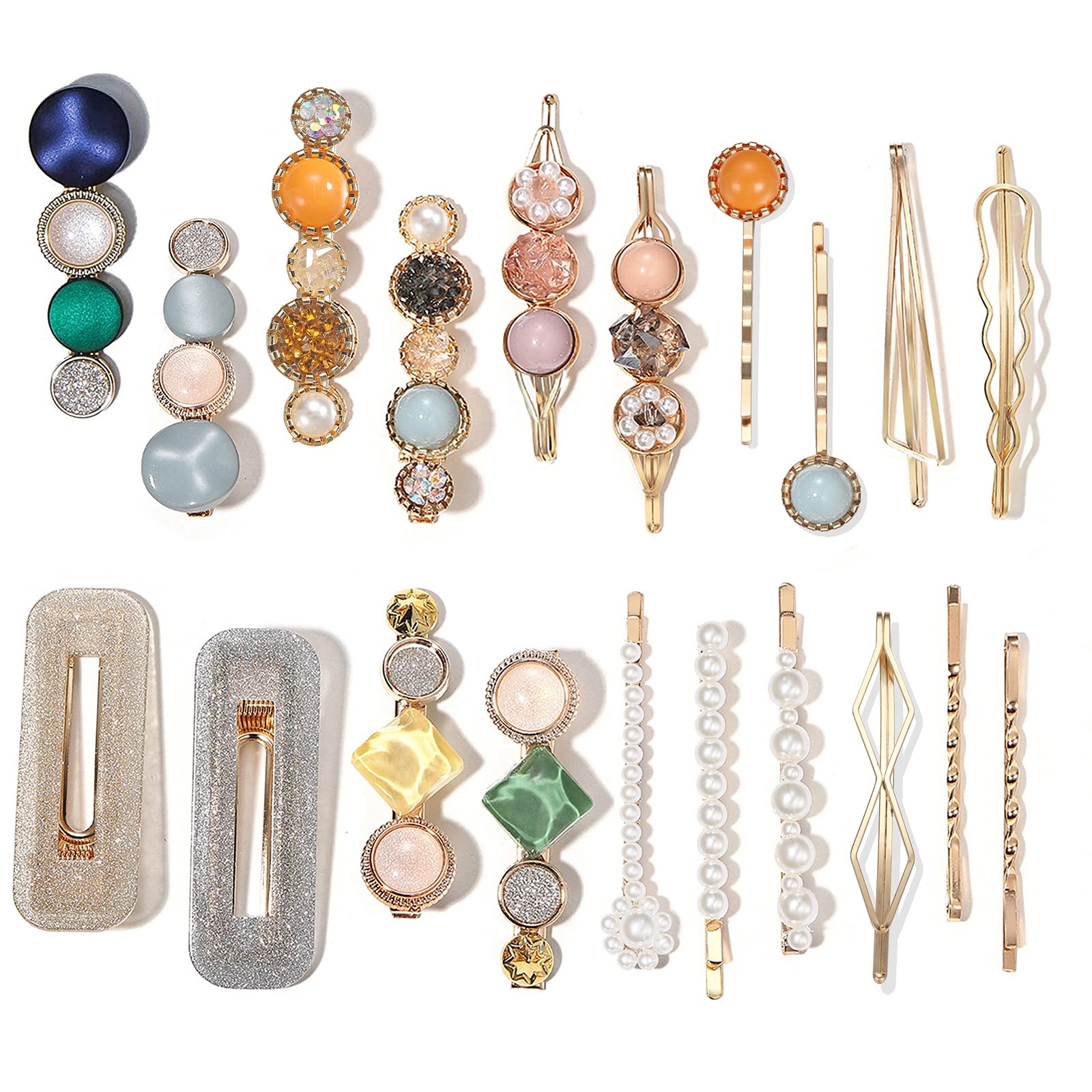 Mehayi 20 PCS Handmade Macaron Pearls & Acrylic Resin Hair Clips - Cute Hair Barrettes, Bobby Pins with Glitter Crystal Geometric Design, Elegant Gold Hair Accessories for Women & Girls (Perfect for Weddings, Parties & Daily Styling)