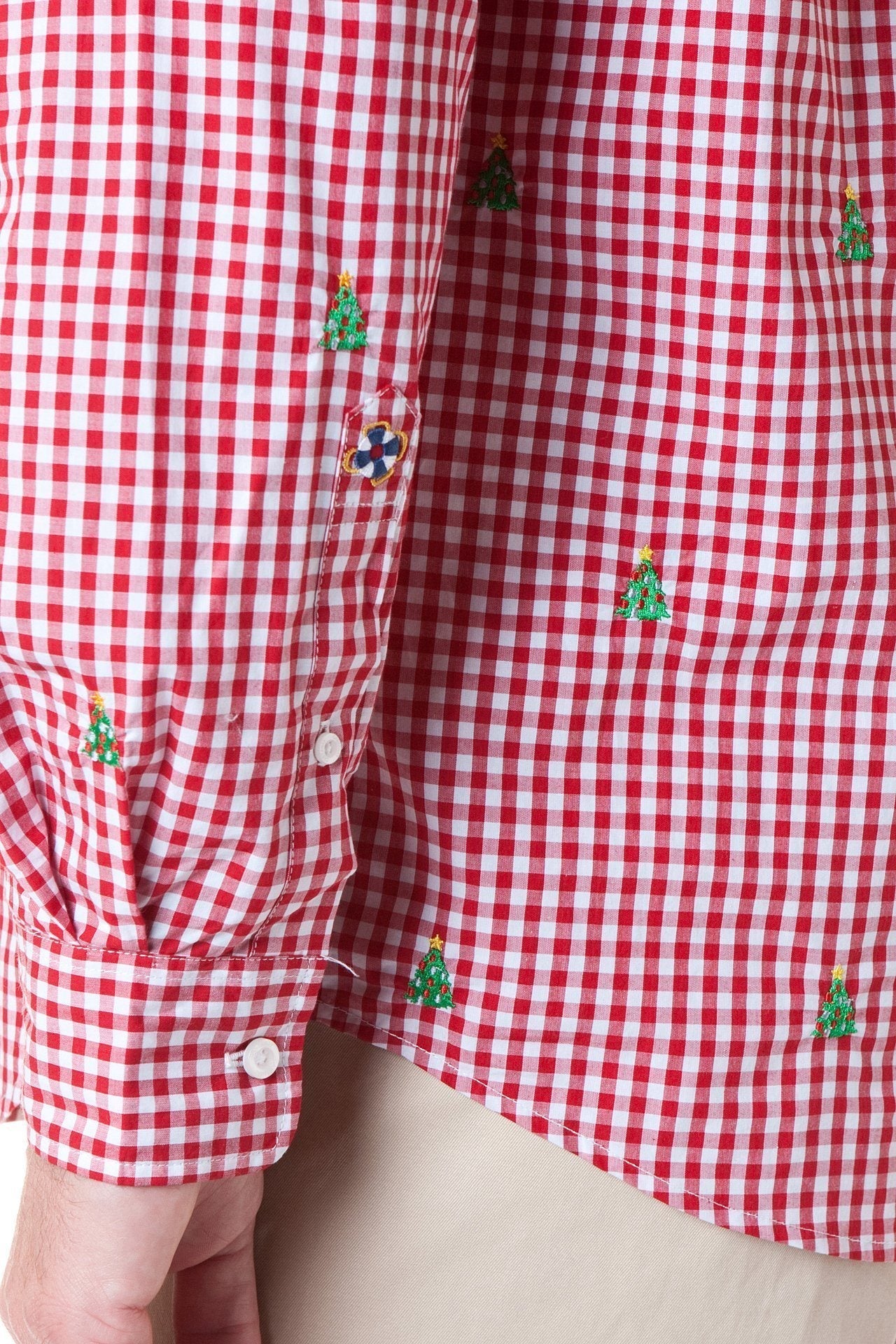 Straight Wharf Red Gingham Shirt with Christmas Tree Print - Perfect for Holiday Parties & Festive Family Gatherings