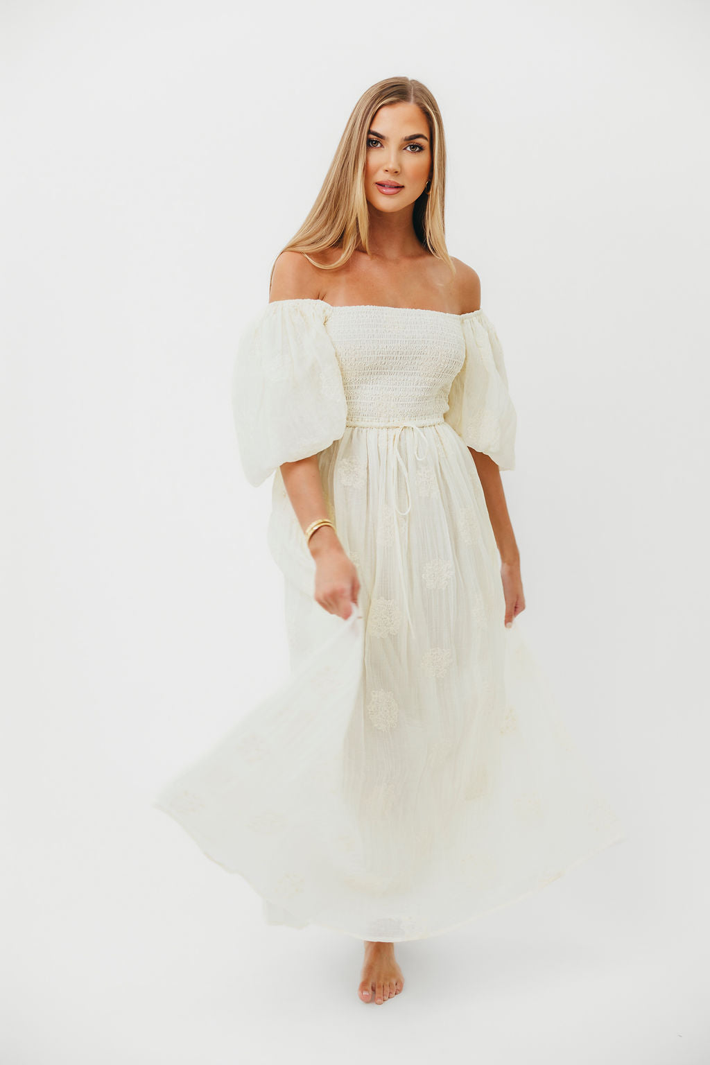 Aimee Women's Smocked Embroidered Floral Midi Dress in Ivory - Elegant Summer Party, Wedding Guest & Church Occasion Outfit