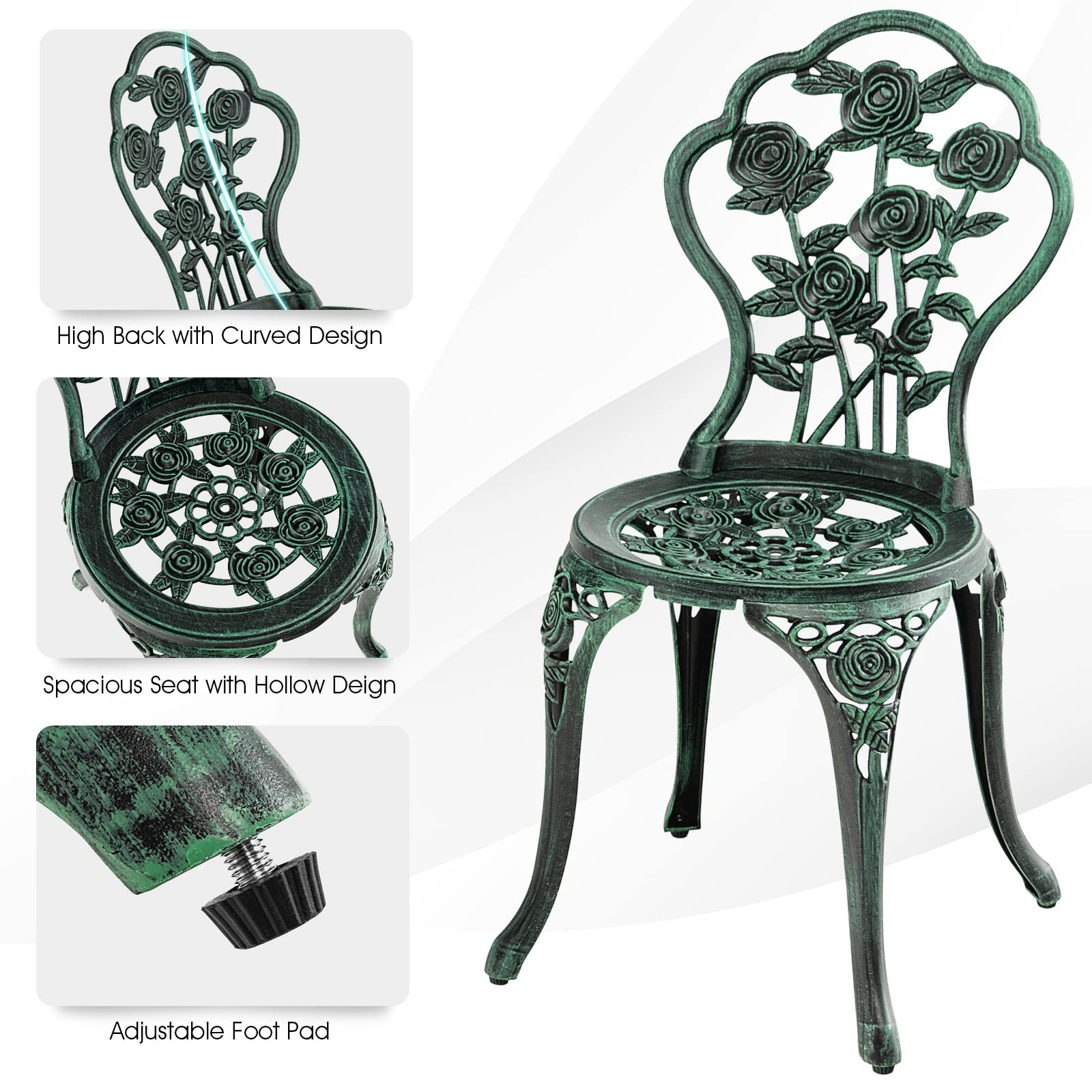 Rust-Resistant 3-Piece Outdoor Bistro Set - Cast Aluminum Patio Furniture with Elegant Rose Pattern & 1.9