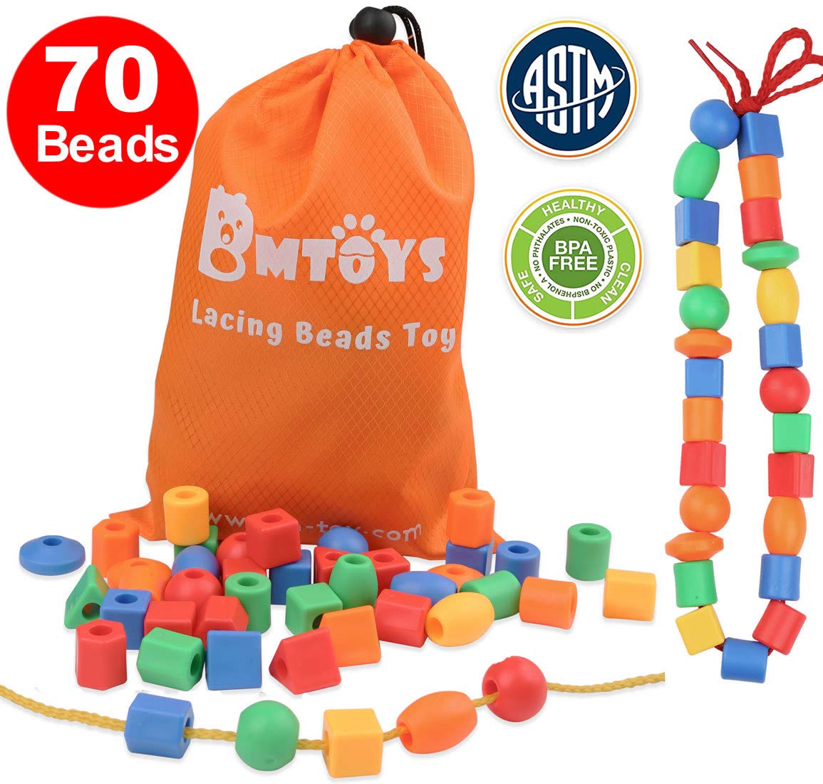 BMTOYS 70pcs Kids Lacing Beads Set - Occupational Therapy Toys for Fine Motor Skills Development | Montessori Educational Toys for Toddlers & Preschoolers | Perfect for Classroom, Home & Sensory Play Activities