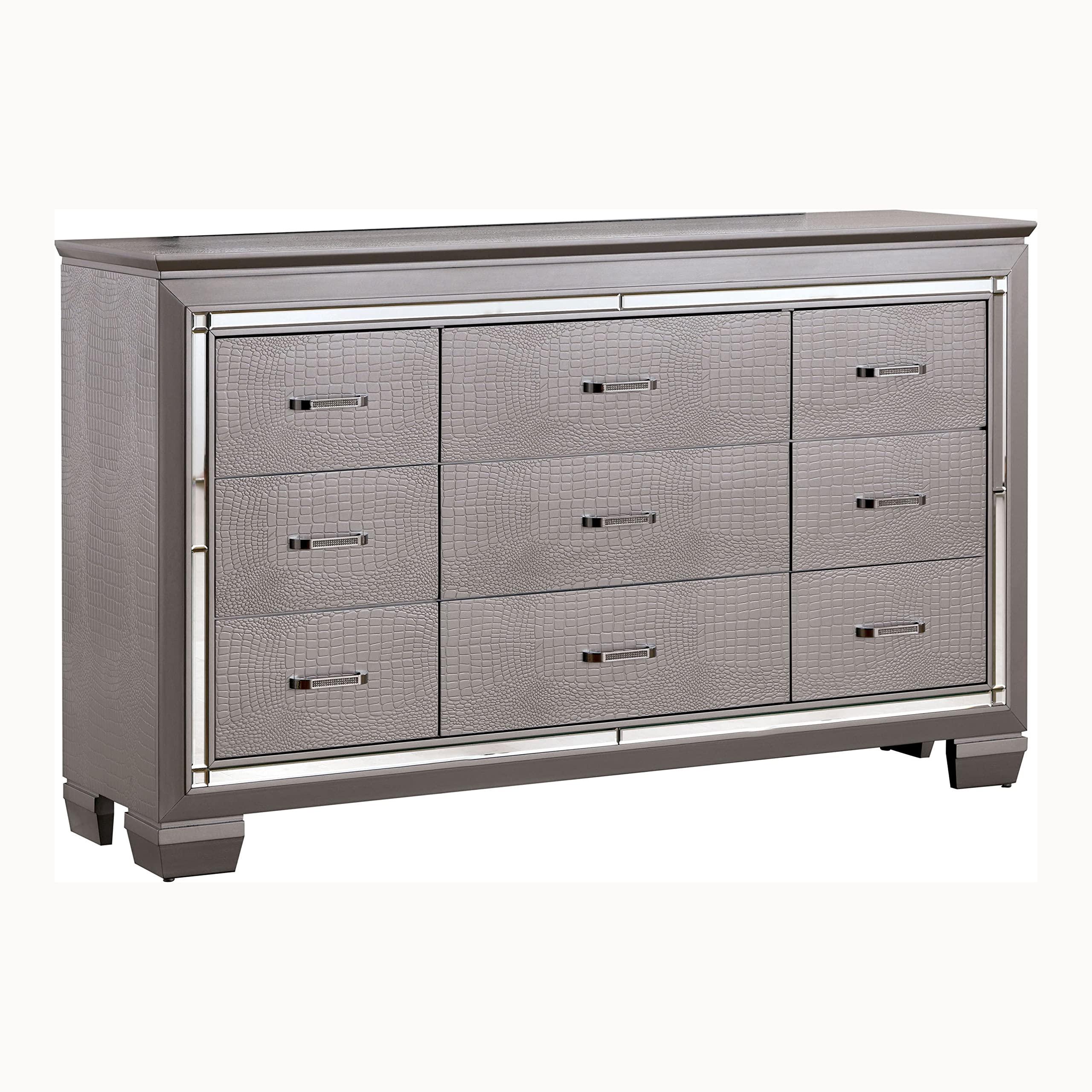 Modern 9-Drawer Wood Dresser - 66 Inch Silver Bedroom Chest - Perfect for Master Bedroom, Guest Room & Dorm Organization