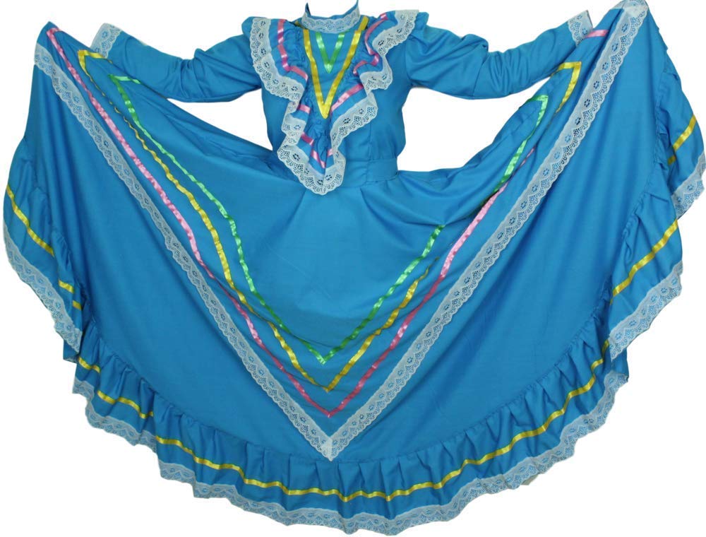 Authentic Mexican Jalisco Traditional Dress for Women - Blue Folkloric Costume Size L | Perfect for Cinco de Mayo, Fiesta, Quinceañera & Cultural Celebrations