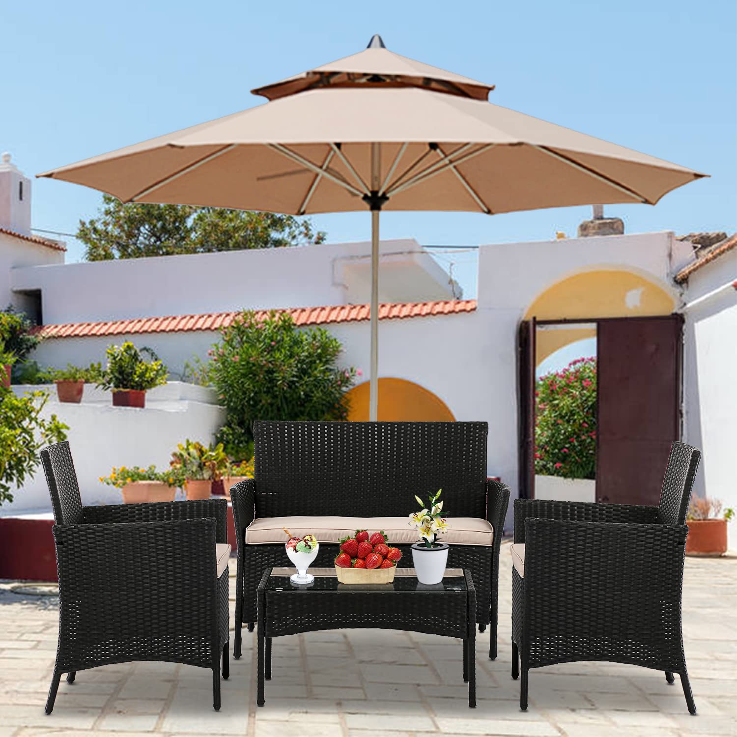 4-Piece Wicker Patio Furniture Set with Cushions - Outdoor Rattan Conversation Sofa & Table for Balcony, Backyard, Porch - Black Modern Patio Seating for Relaxing & Entertaining Guests