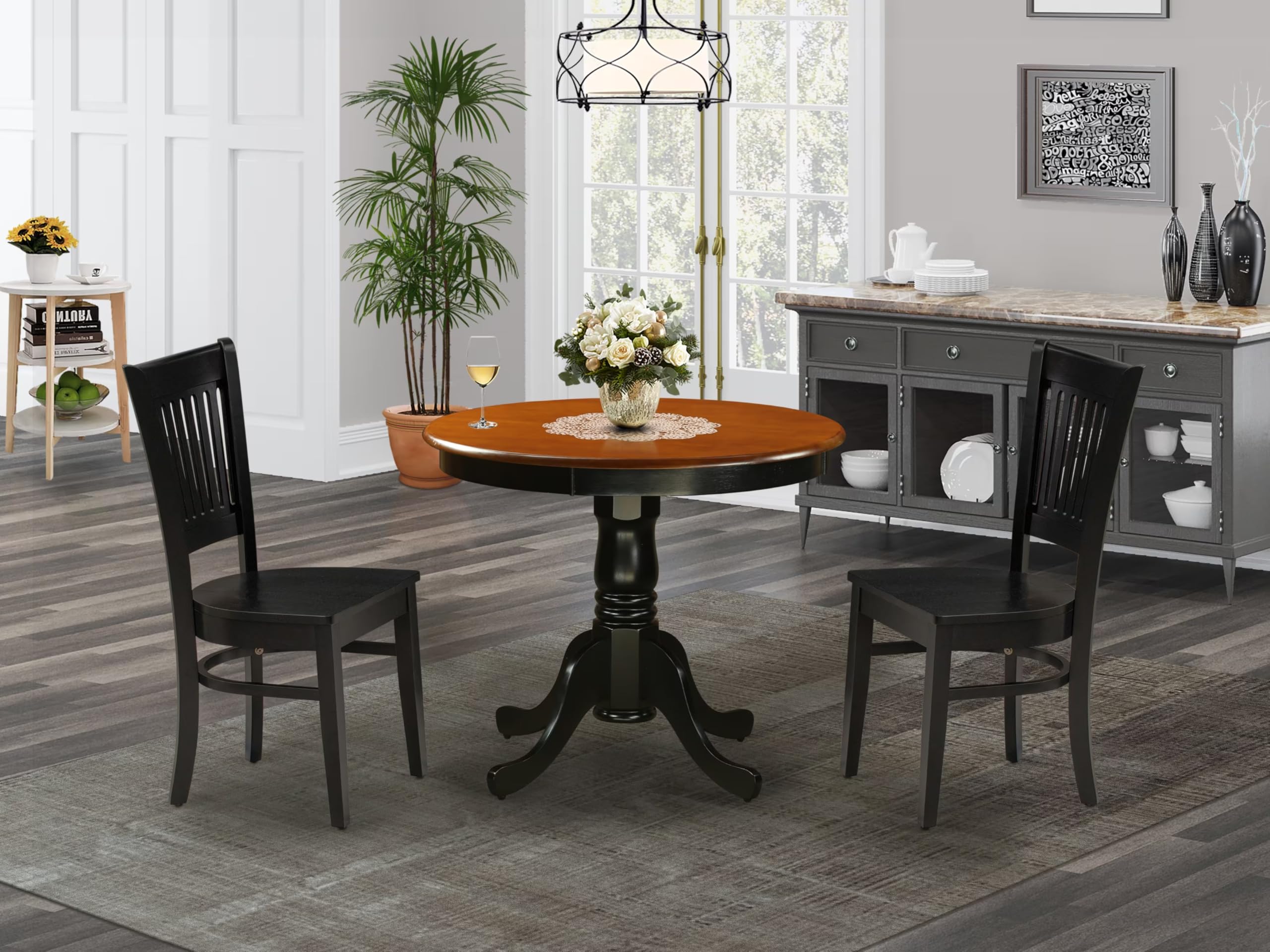 East West Furniture ANVA3-BLK-W 3-Piece Round Kitchen Dining Table Set with Pedestal Base & 2 Chairs - 36x36 Inch Small Space Black - Perfect for Apartments, Breakfast Nooks & Cozy Dining Areas
