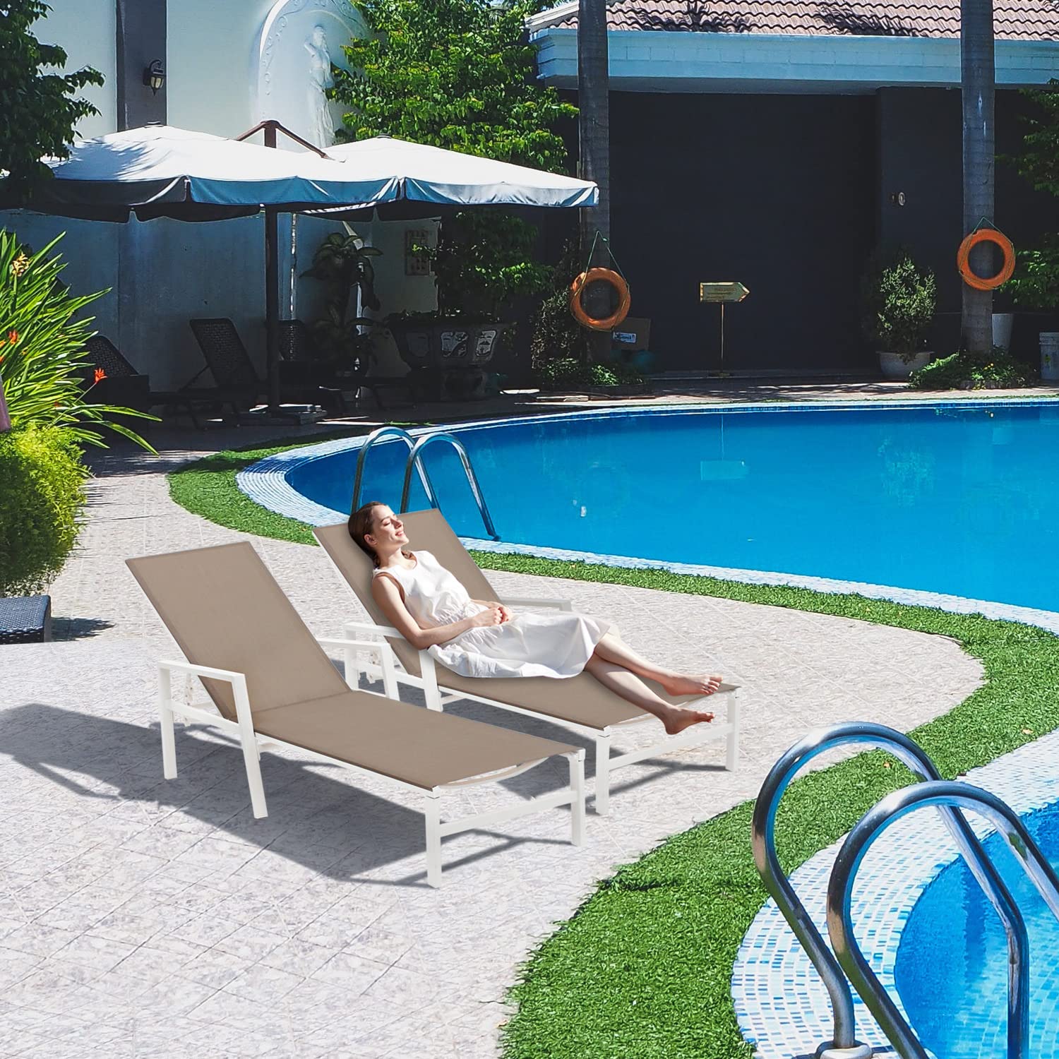 Premium Outdoor Patio Lounge Chair Set of 2 - Adjustable Aluminum Chaise Lounges with 5 Backrest Positions - Perfect for Backyard, Balcony, Poolside & Beach Relaxation (Khaki) - Ideal for Sunbathing, Lounging & Outdoor Entertaining
