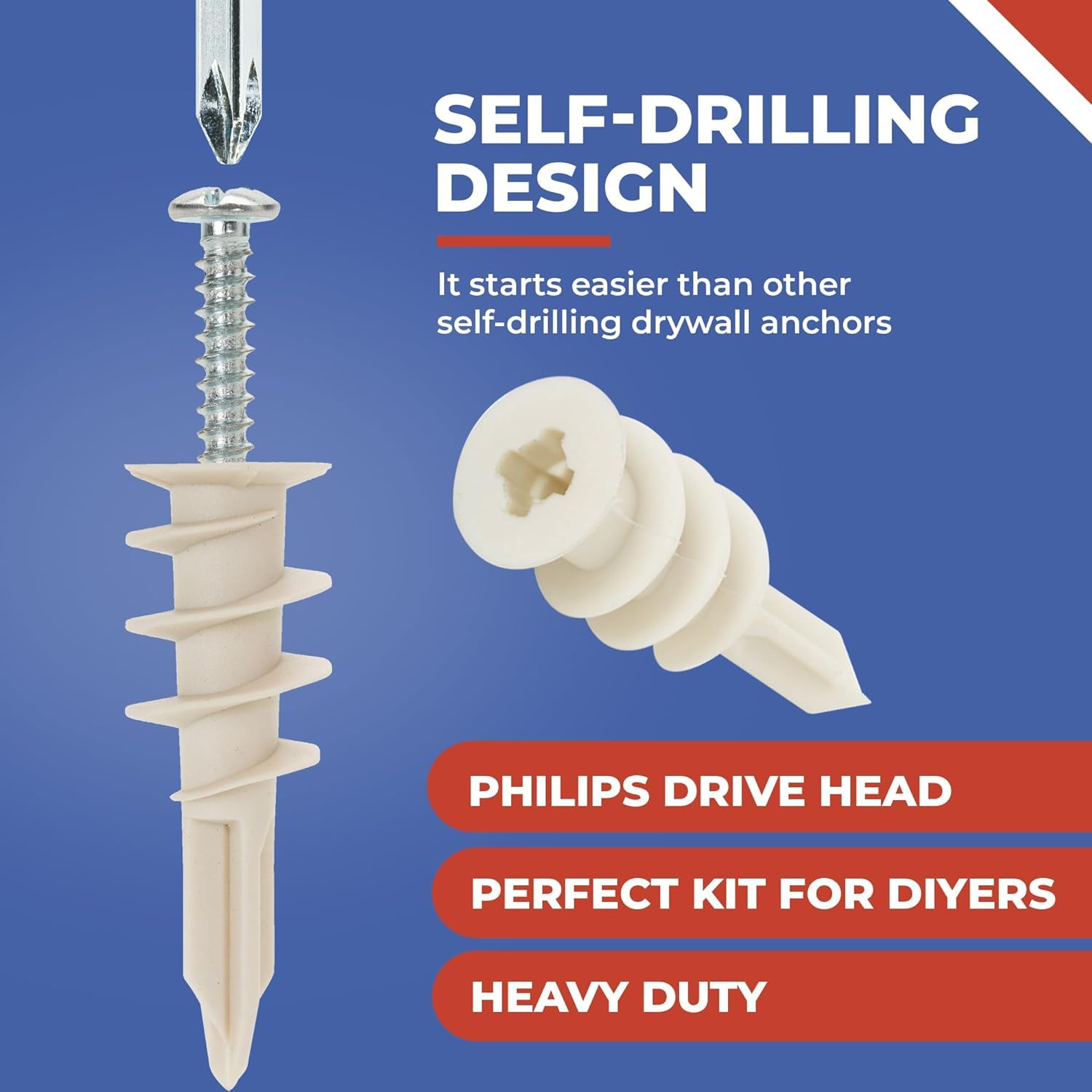 Self-Drilling Drywall Anchor Kit - 200-Piece Plastic Wall Anchors with Screws for Secure Mounting | Perfect for Hanging Pictures, Shelves & Home Decor in Drywall